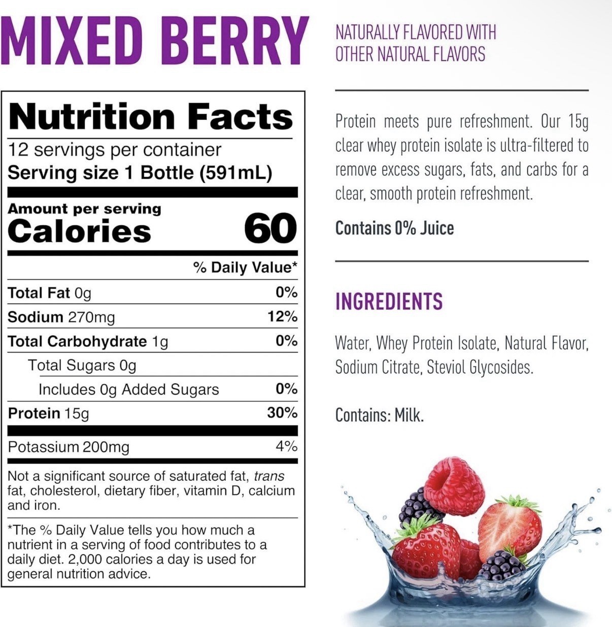 Isopure 15g Ultra-Filtered Protein Water: Mixed Berry Electrolytes- 12 Pack 20oz