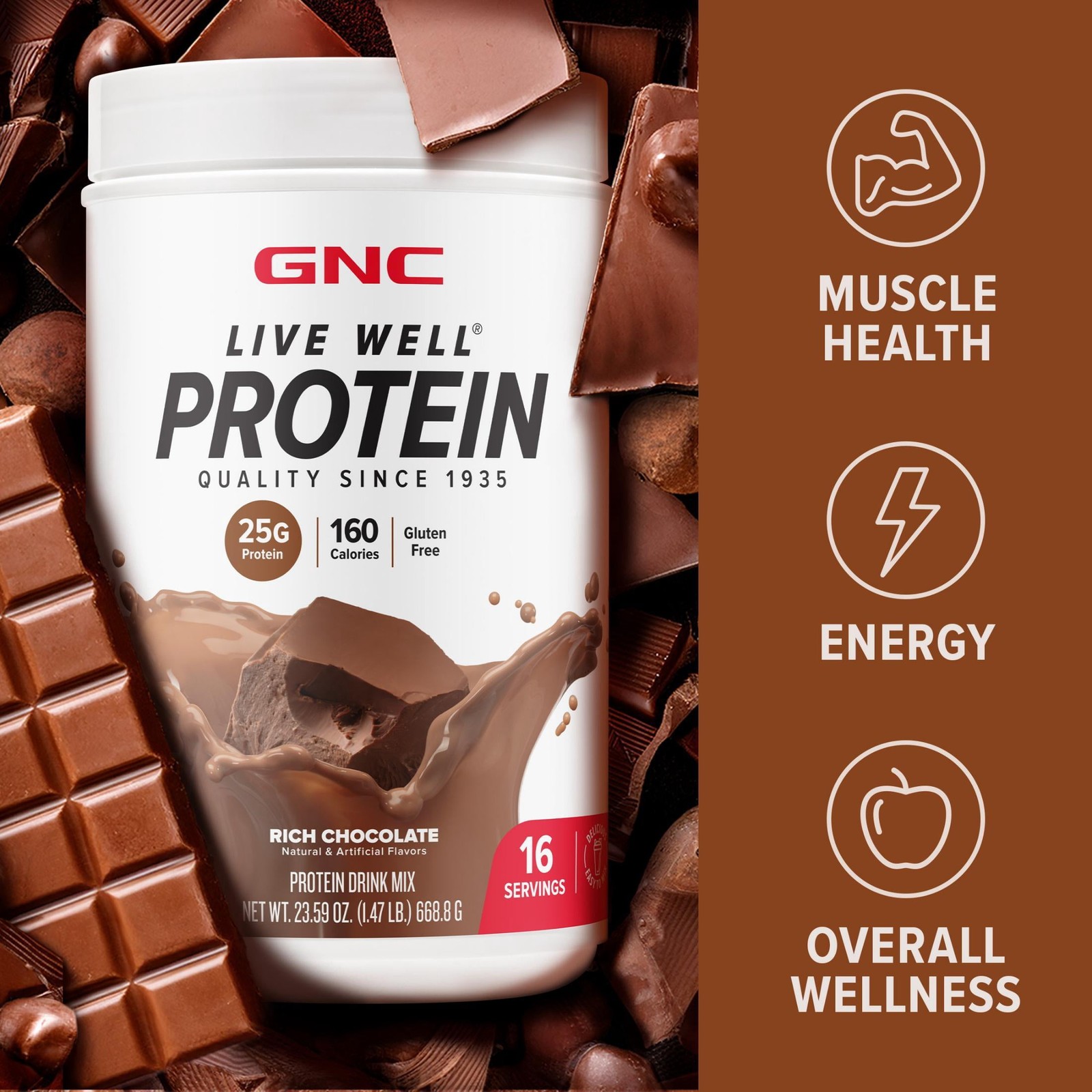 GNC Live Well Protein Powder, 25g Whey Protein, Rich Chocolate, Gluten Free, No