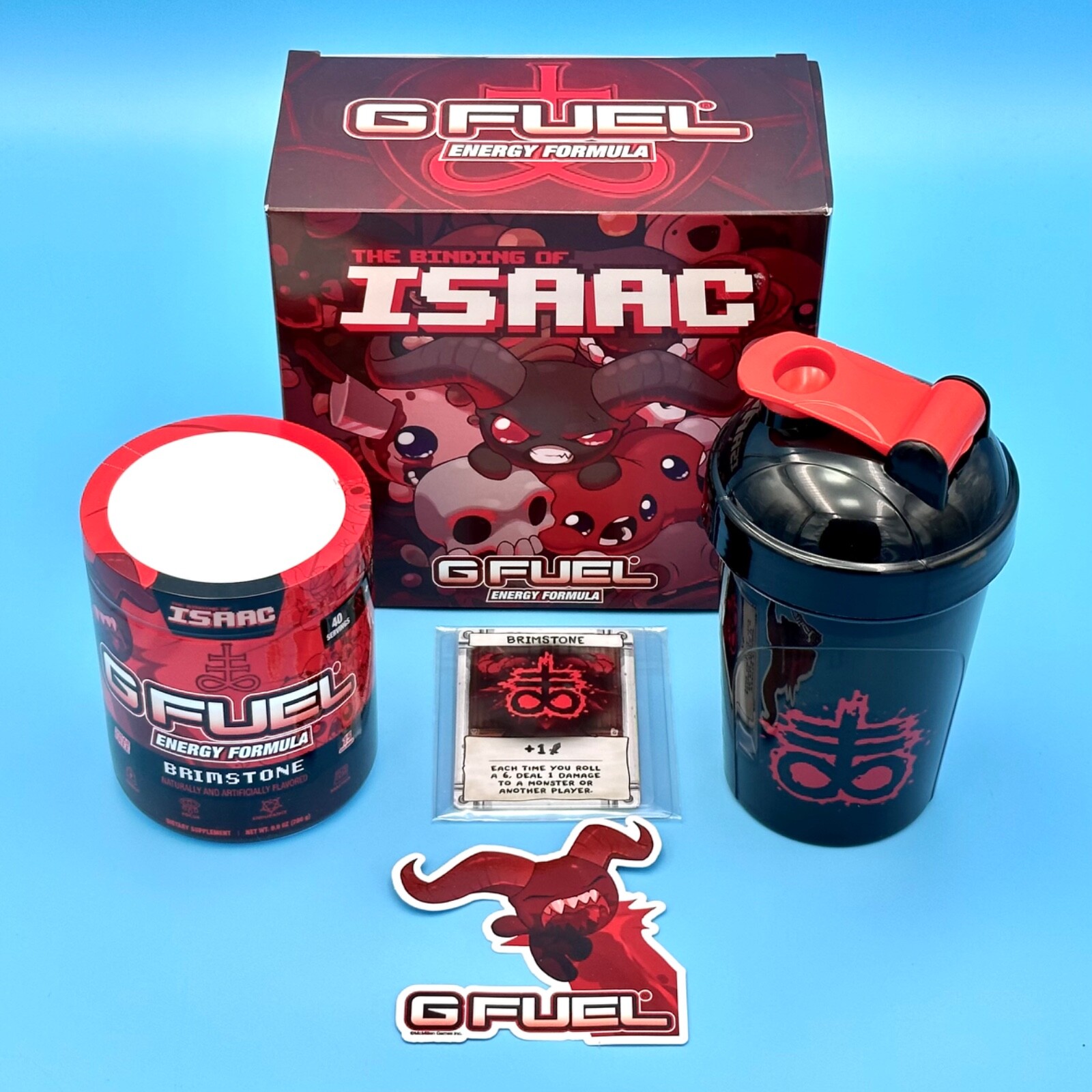 G Fuel Binding of Isaac Brimstone Collector’s Box 2 Four Souls Cards Shaker Cup