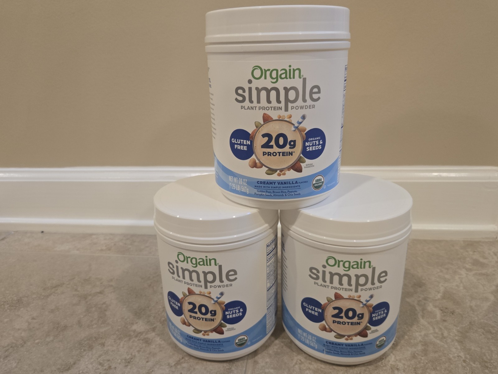 Set of 3 Orgain Organic Simple Vegan Protein Powder, Vanilla 20 oz Containers