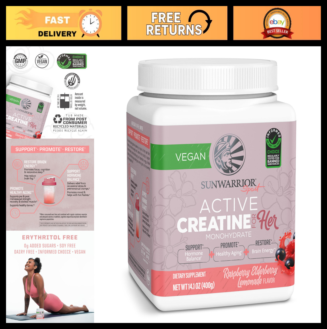 Raspberry Elderflower Active Creatine Monohydrate Powder for Women, 14.1 OZ