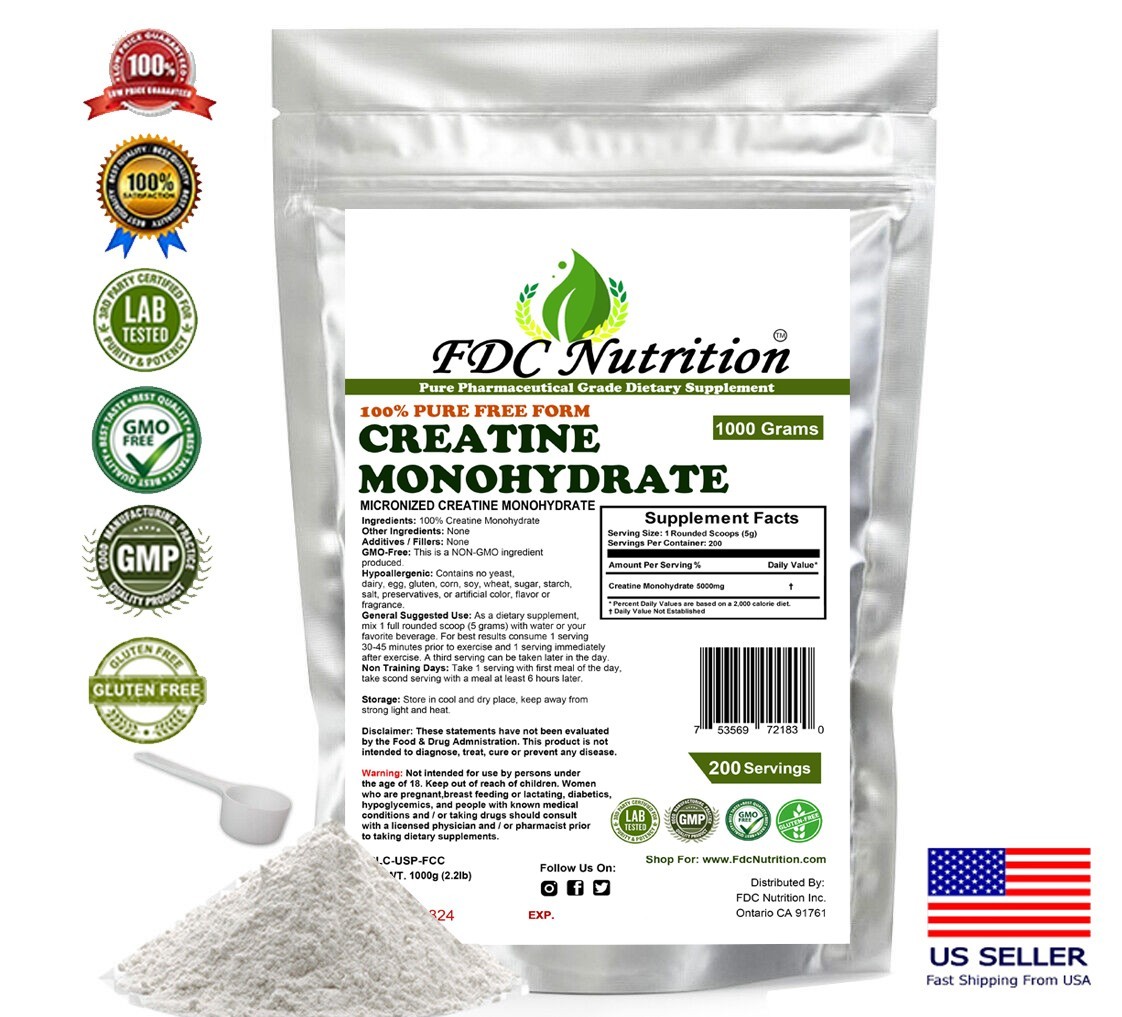 Creatine Monohydrate 100% Pure Powder 1000g (2.2 lb) Micronized
