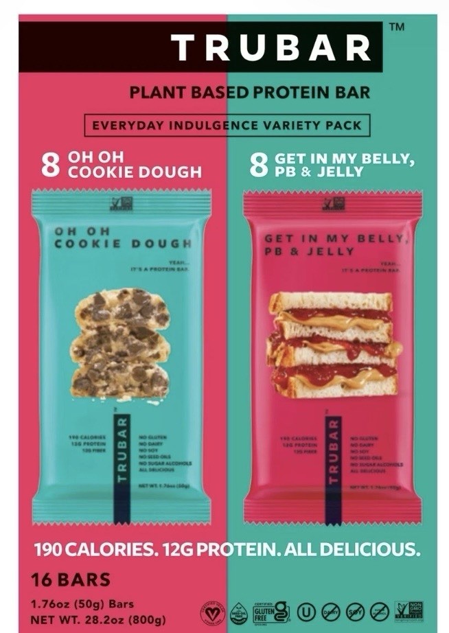 TRUBAR Plant Based Protein Bar Variety Pack Cookie Dough PB & Jelly 16 Bars