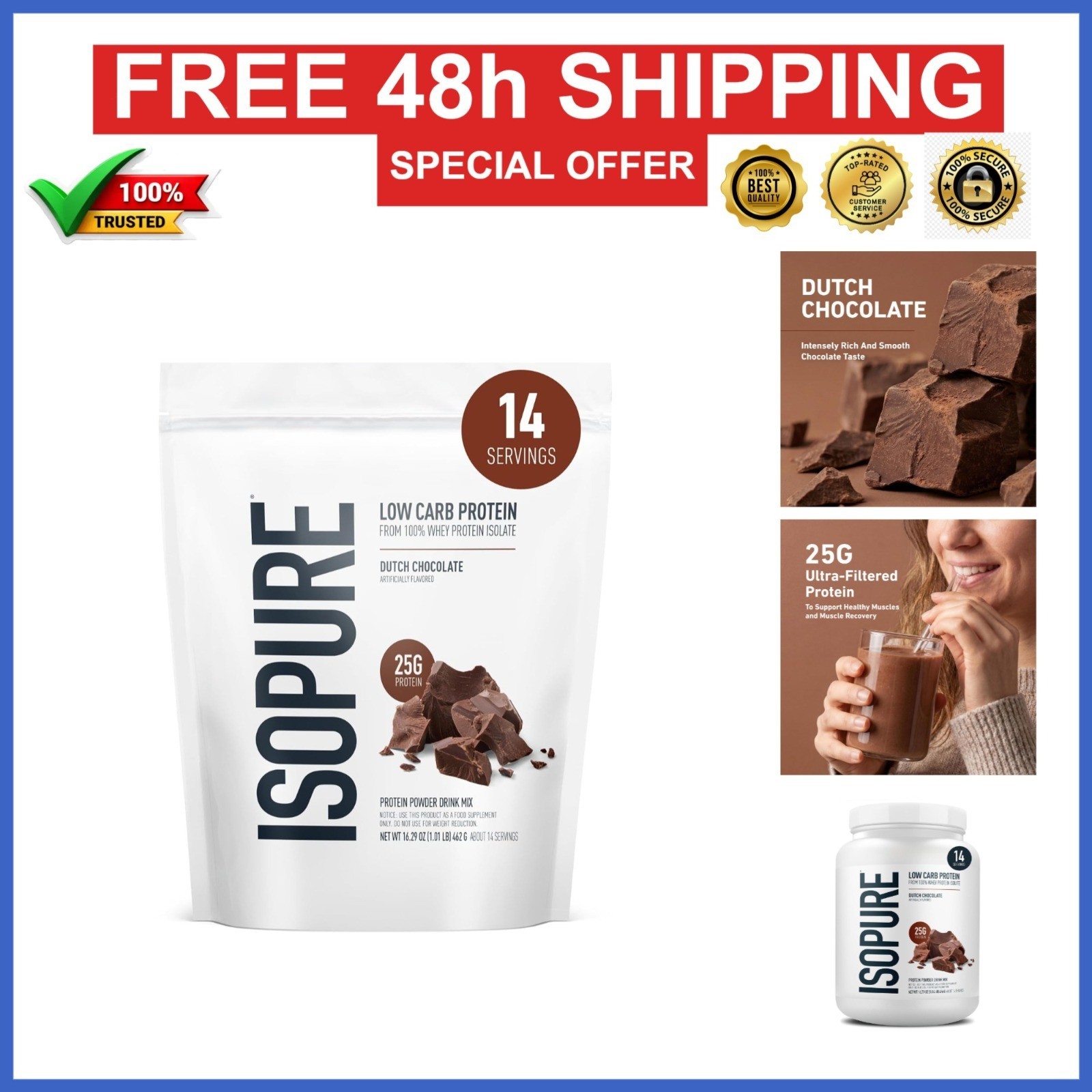 Isopure Low Carb Whey Isolate Protein Powder Dutch Chocolate 1 lb