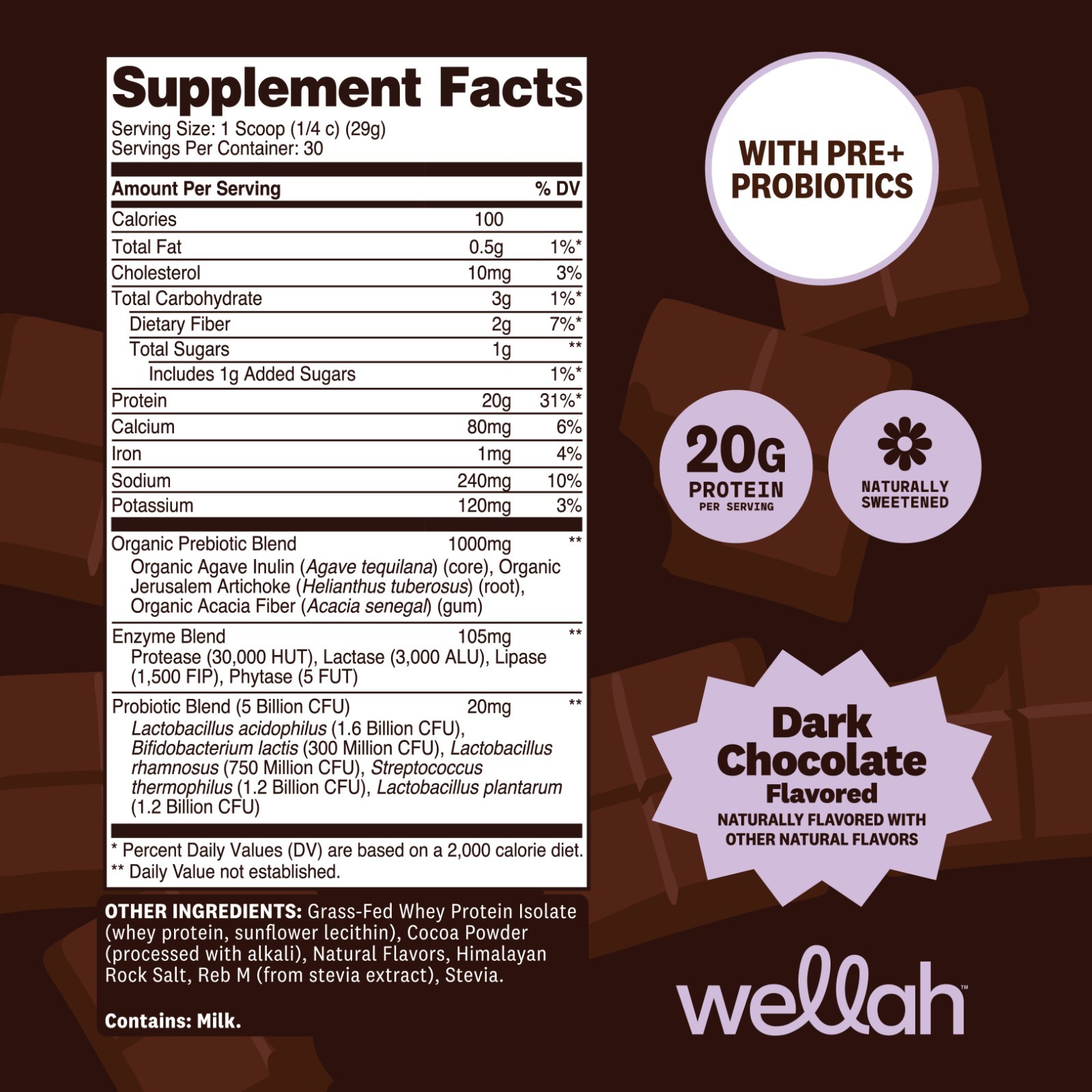 Wellah Grass-Fed Whey Protein Isolate Powder (Dark Chocolate) 30 Servings