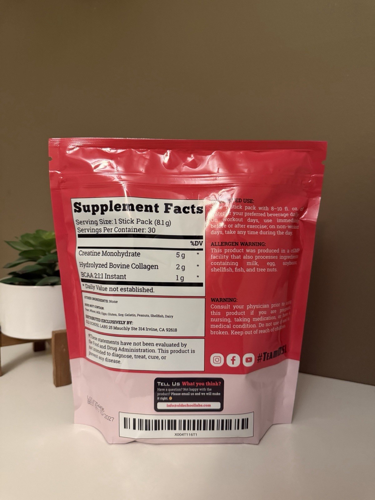 Old School Labs Creatine Monohydrate Collagen BCAA Stick Packs Unflavored Women