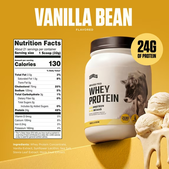 Levels Grass Fed Whey Protein Powder, No Artificials-Vanilla Bean