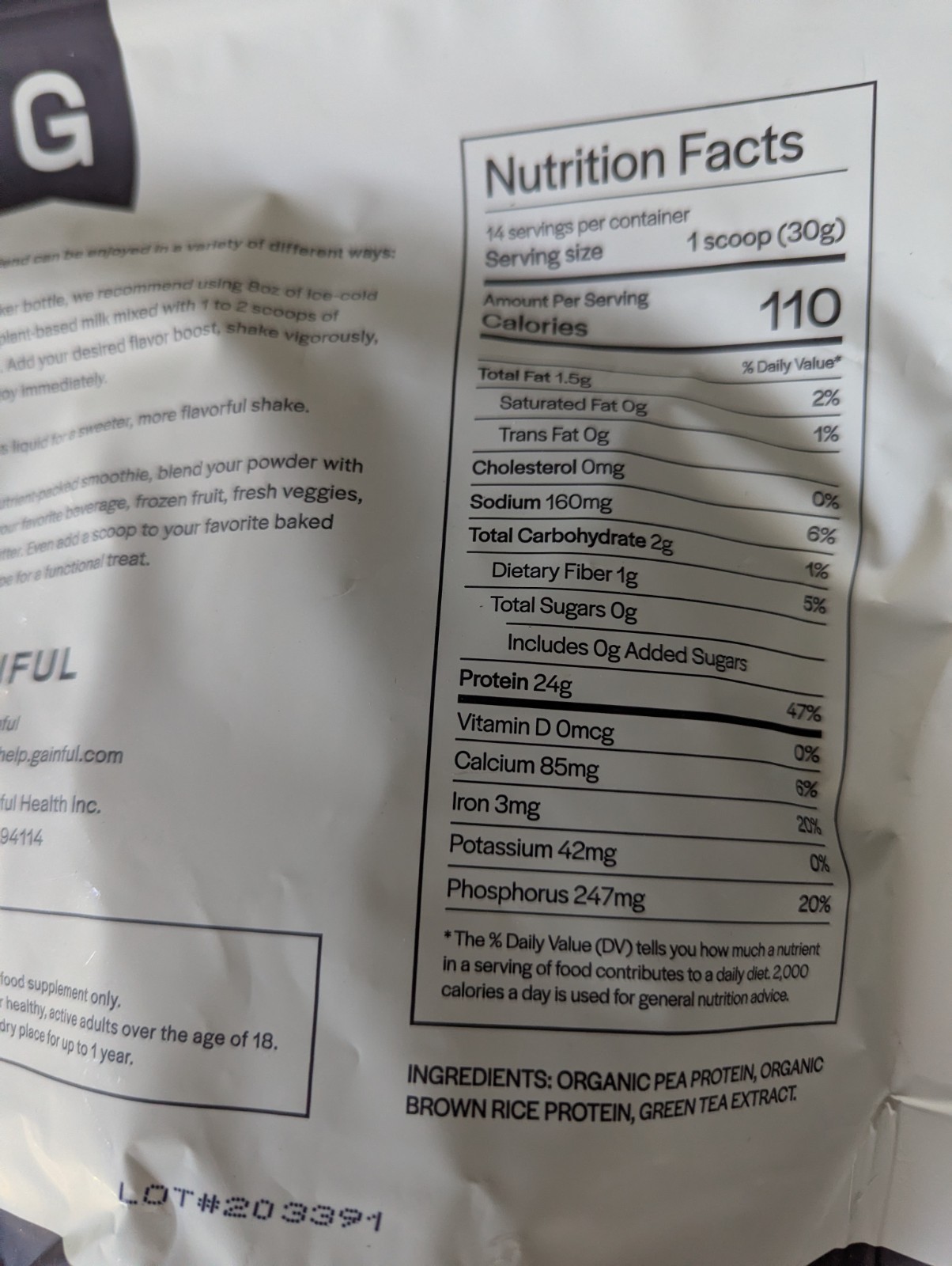 Gainful Bag of Pea Protein- single bag, Gluten Free, Sugar Free, Soy Free 420g