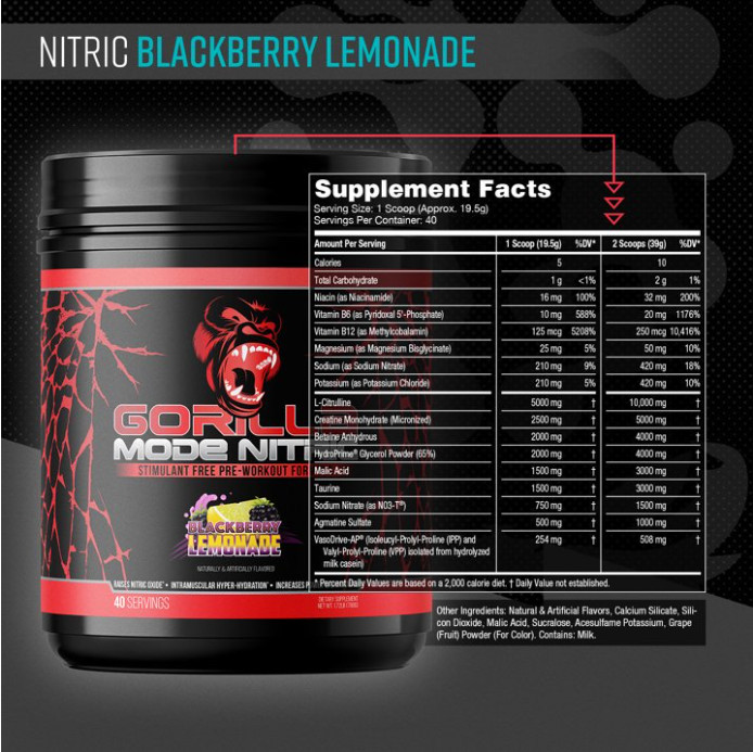 Gorilla Mode Nitric Pre-Workout, Blackberry Lemonade, 1.72 lb