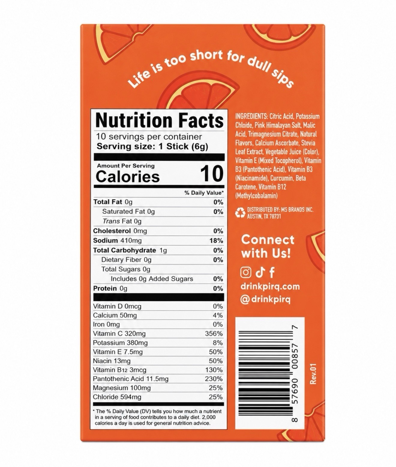 Pirq Hydration Electrolyte Powder + Curcumin, Orange, 10ct 2.1oz 09/2027
