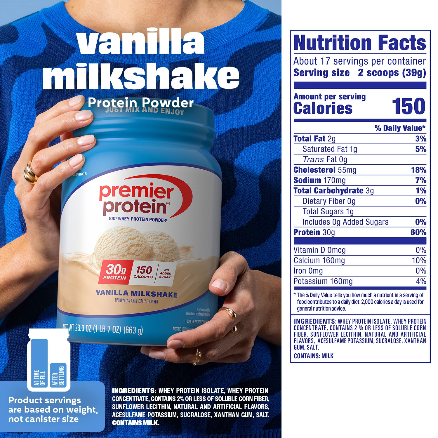 Premier Protein 100% Whey Protein Powder, Vanilla Milkshake, 30g Protein, 17 ser