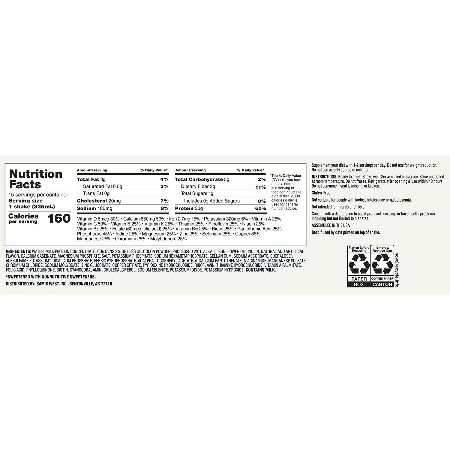 Member’s Mark 30g High Protein Nutritional Shake, Chocolate 11 fl. oz., 15 pk.