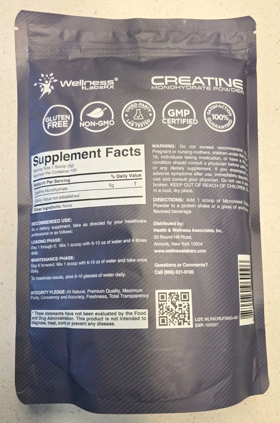 Wellness LabsRX Creatine Monohydrate Powder 500g – 100 Servings Micronized 10/27