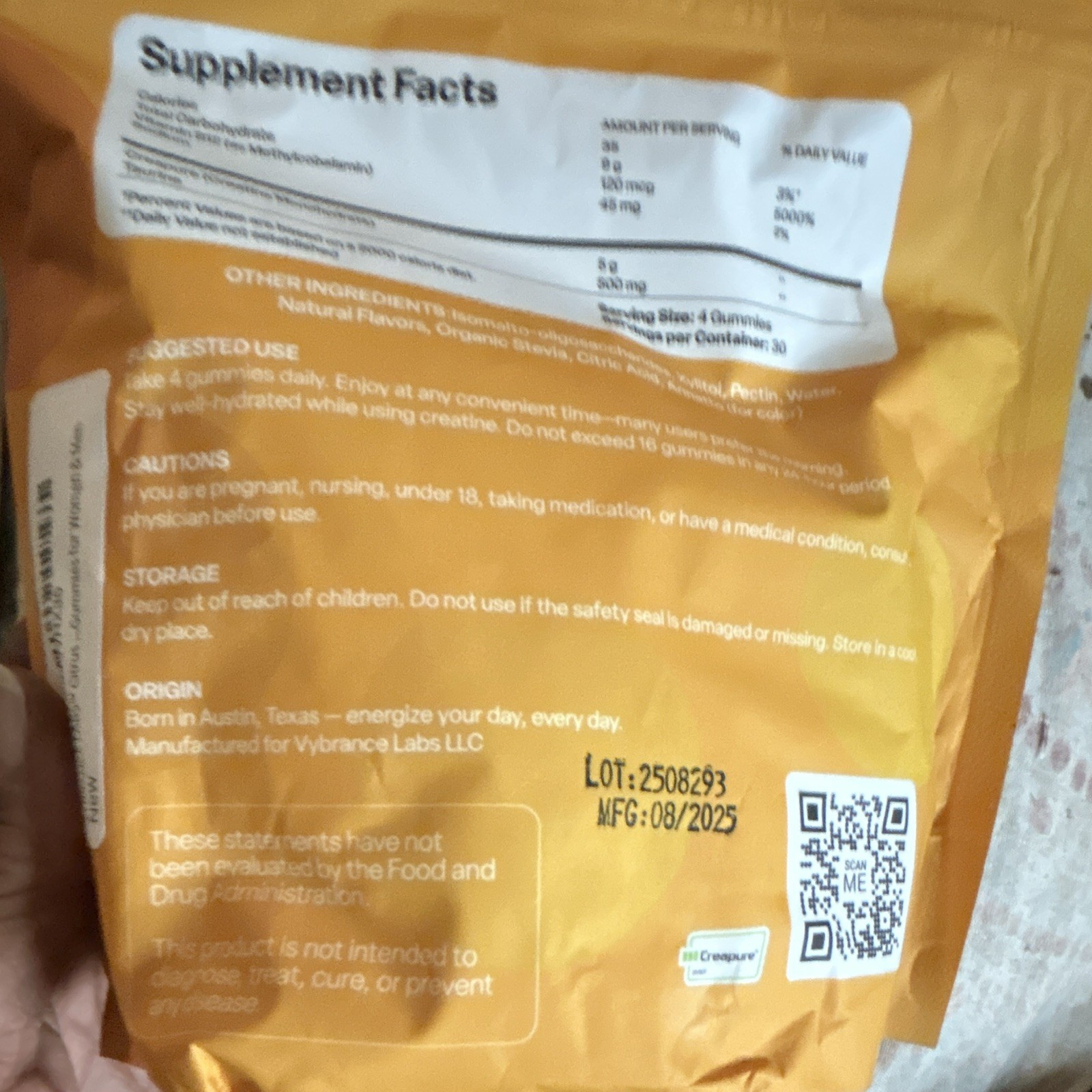 Vybrance Labs Creatine Monohydrate Gummies Citrus Mango Vegan 120 ct