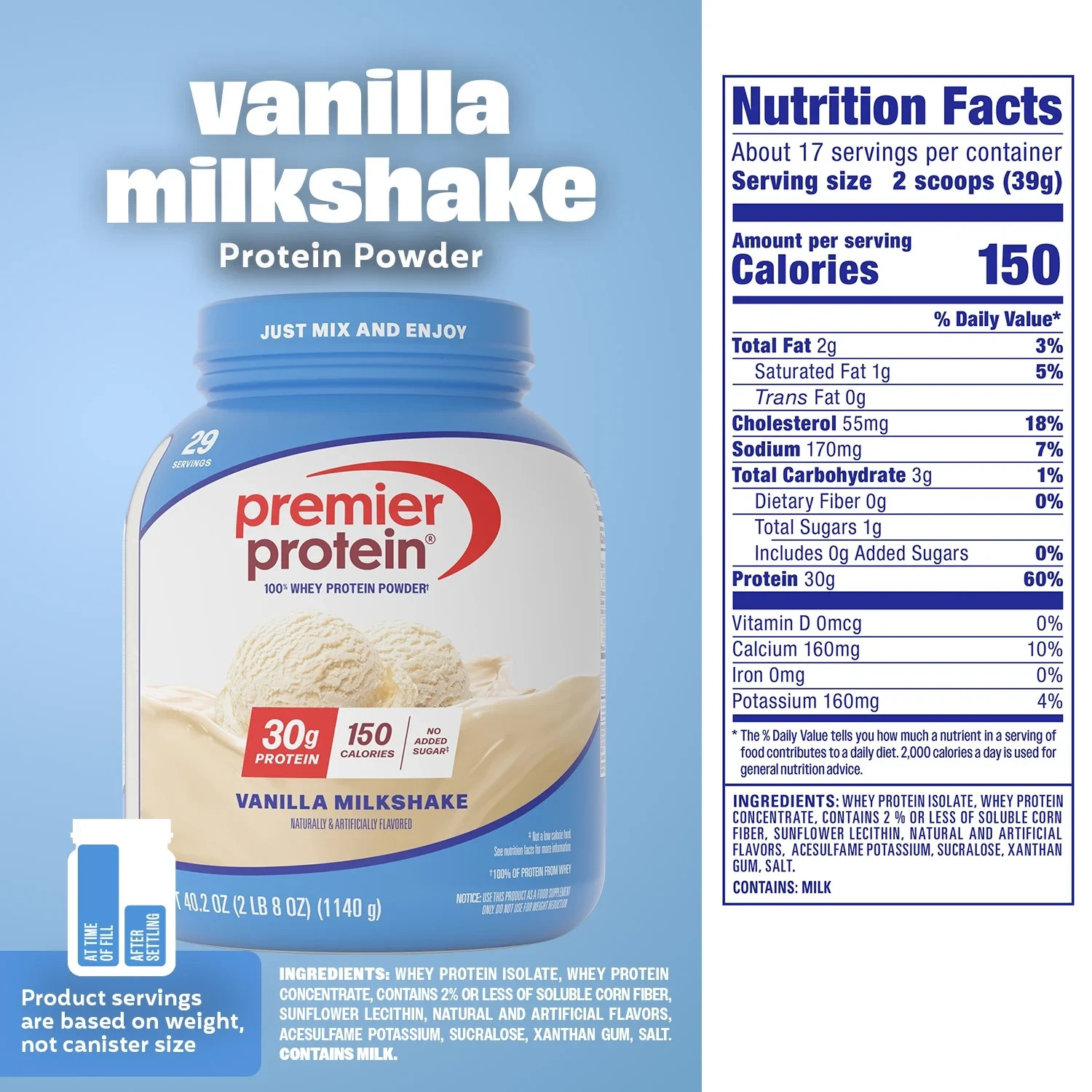 Premier Protein 100% Whey Protein Powder, Vanilla Milkshake, 30g Protein, 29Ser