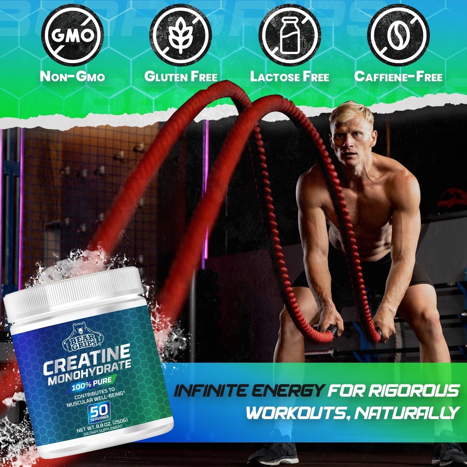 Bear Grips Pure Creatine Monohydrate Powder 50 Servings of Instantized Creatine