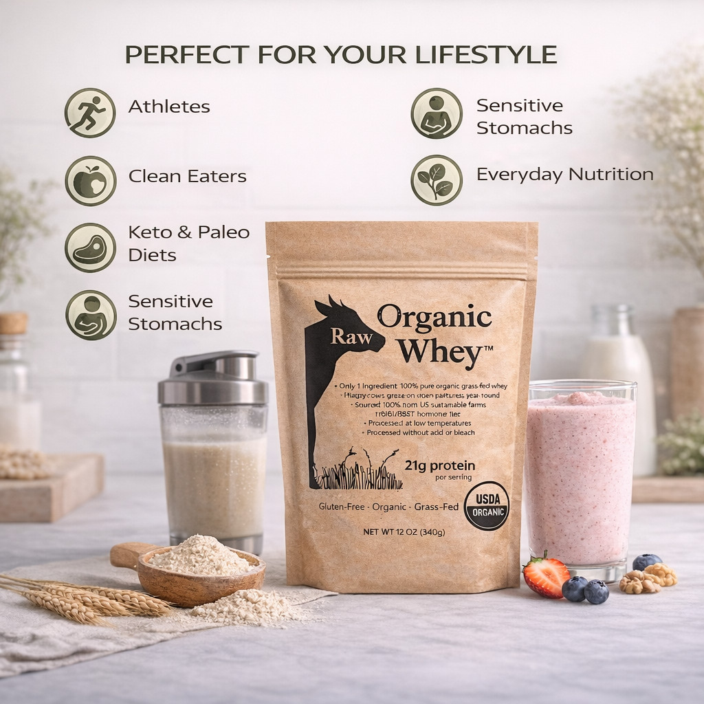 Organic Raw Whey Protein Powder Grass-Fed Unflavored Non-GMO Gluten Free 12 oz