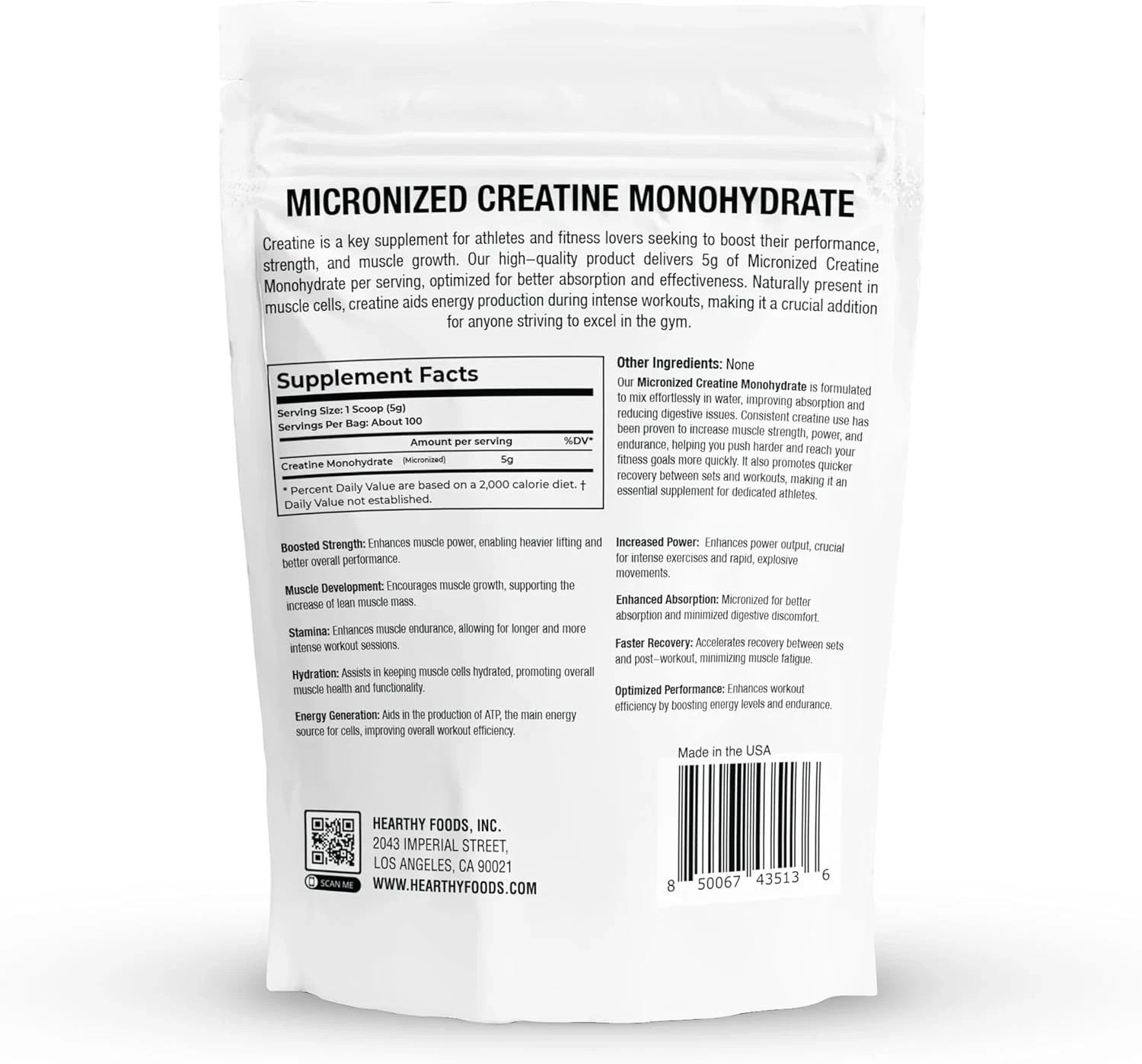 HEARTHY FOODS Creatine Monohydrate Micronized Powder 500G – 100 Servings, 5000mg