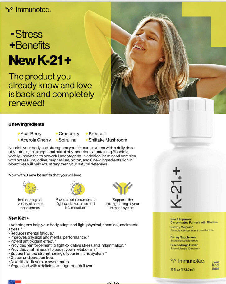 Immunotec K-21 + Peach Mango Flavor 16fl.oz Sugar Free