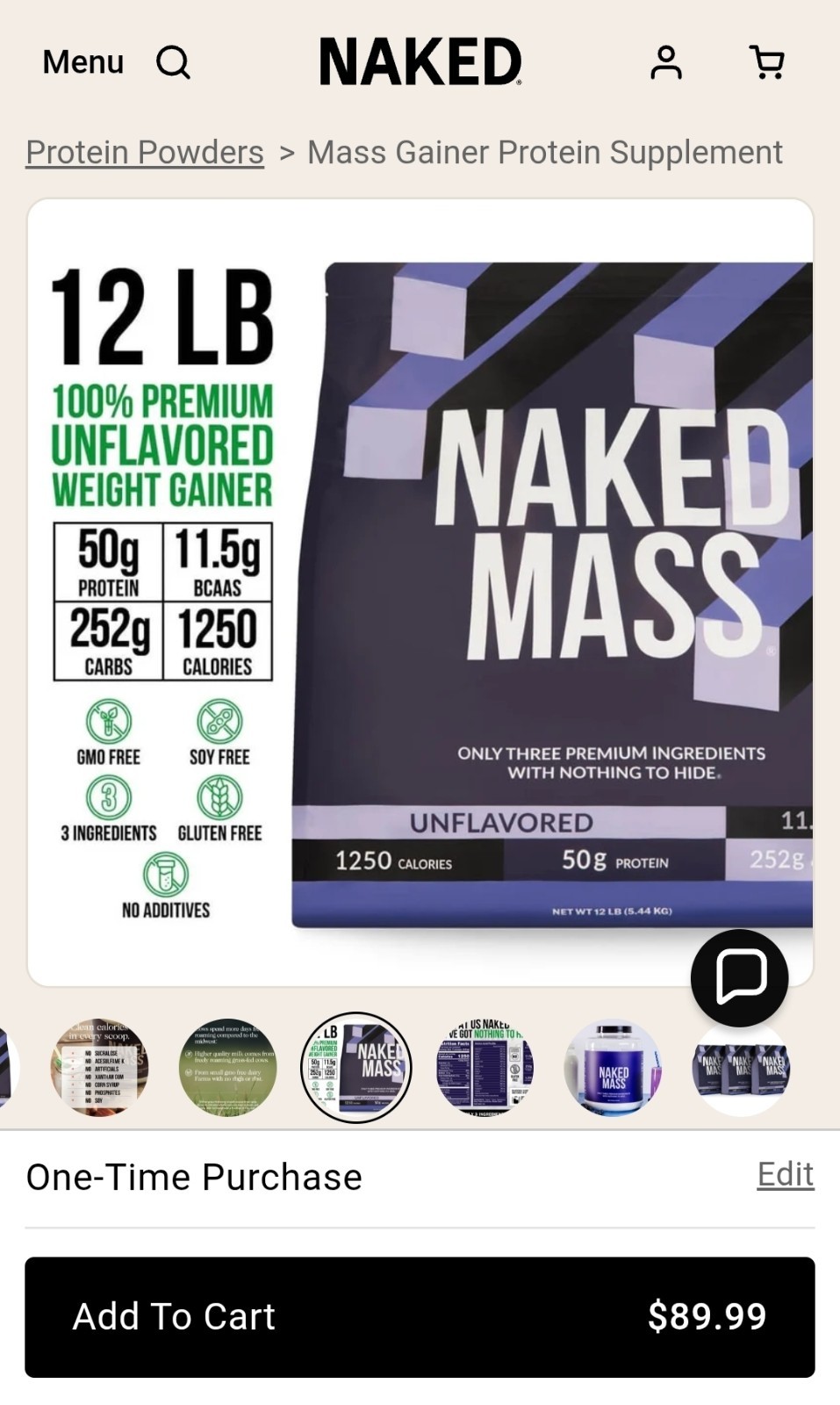 NAKED Mass Natural Weight Gainer Protein Powder 12 LB 1,250 Calories Unflavored