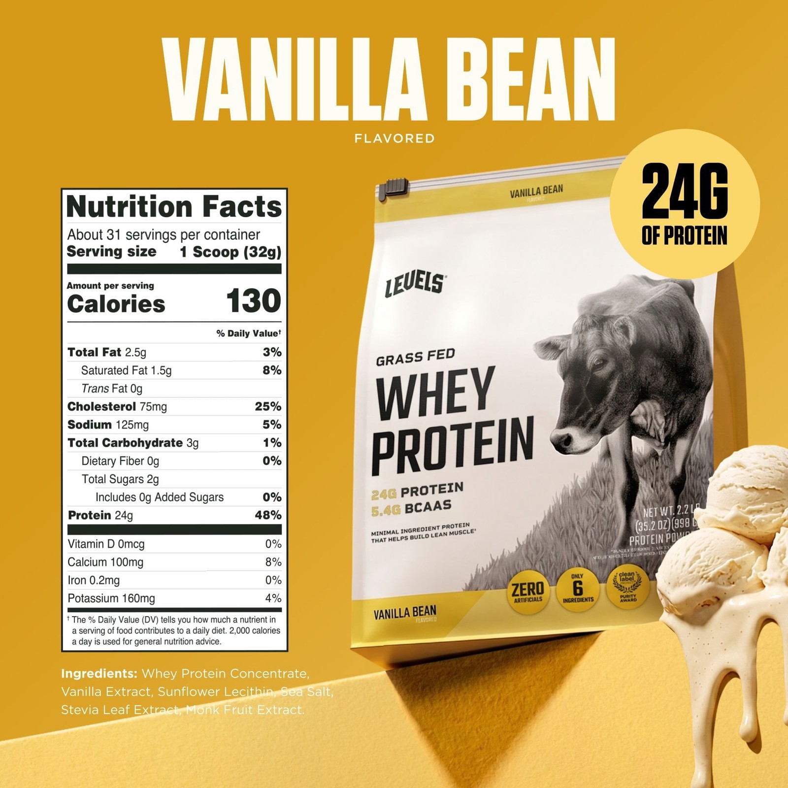 Levels 24g Grass Fed Whey Vanilla Bean Protein Powder, 2.2 lbs.