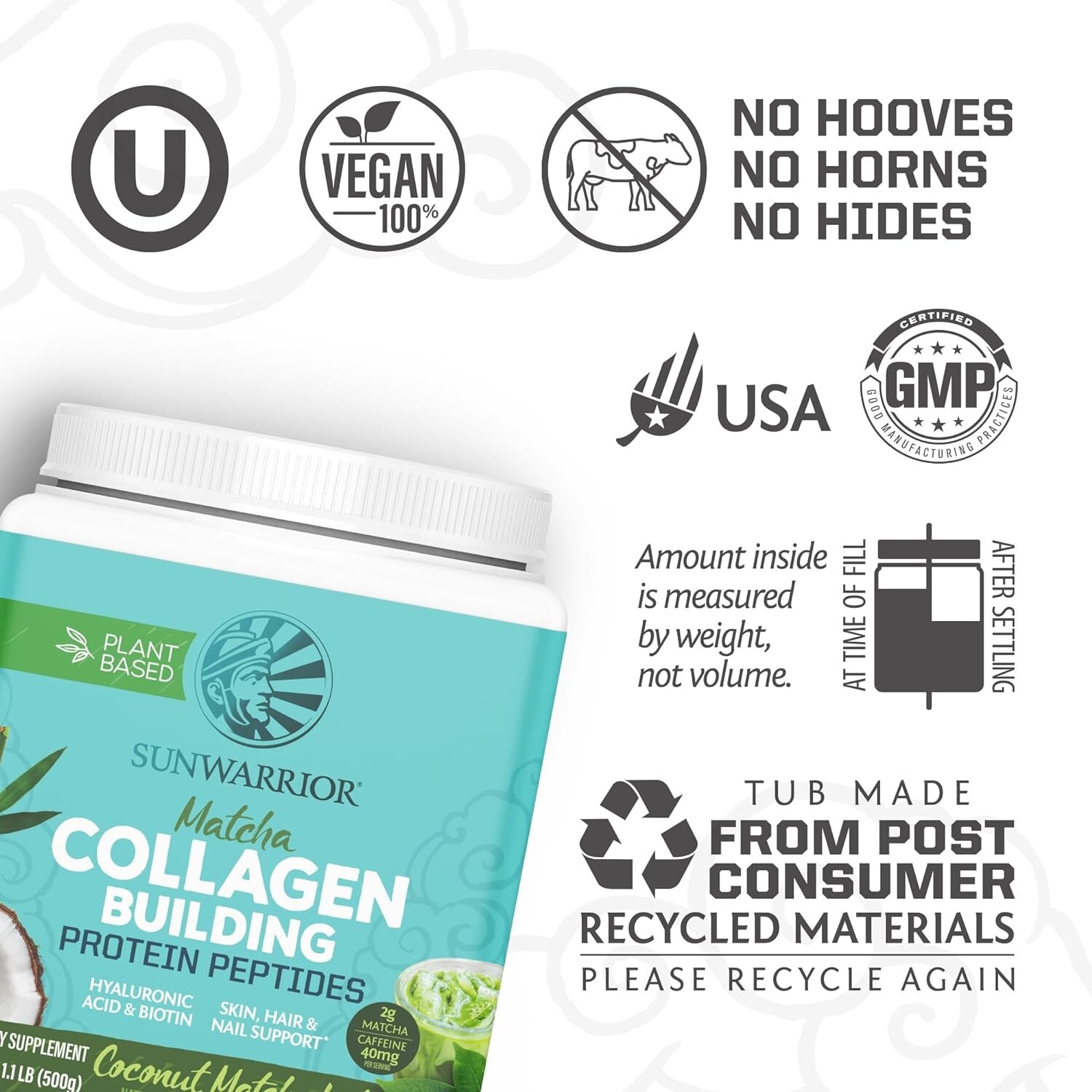 Sunwarrior Vegan Matcha Collagen Building Powder Peptide Protein Biotin, 1.1 lb