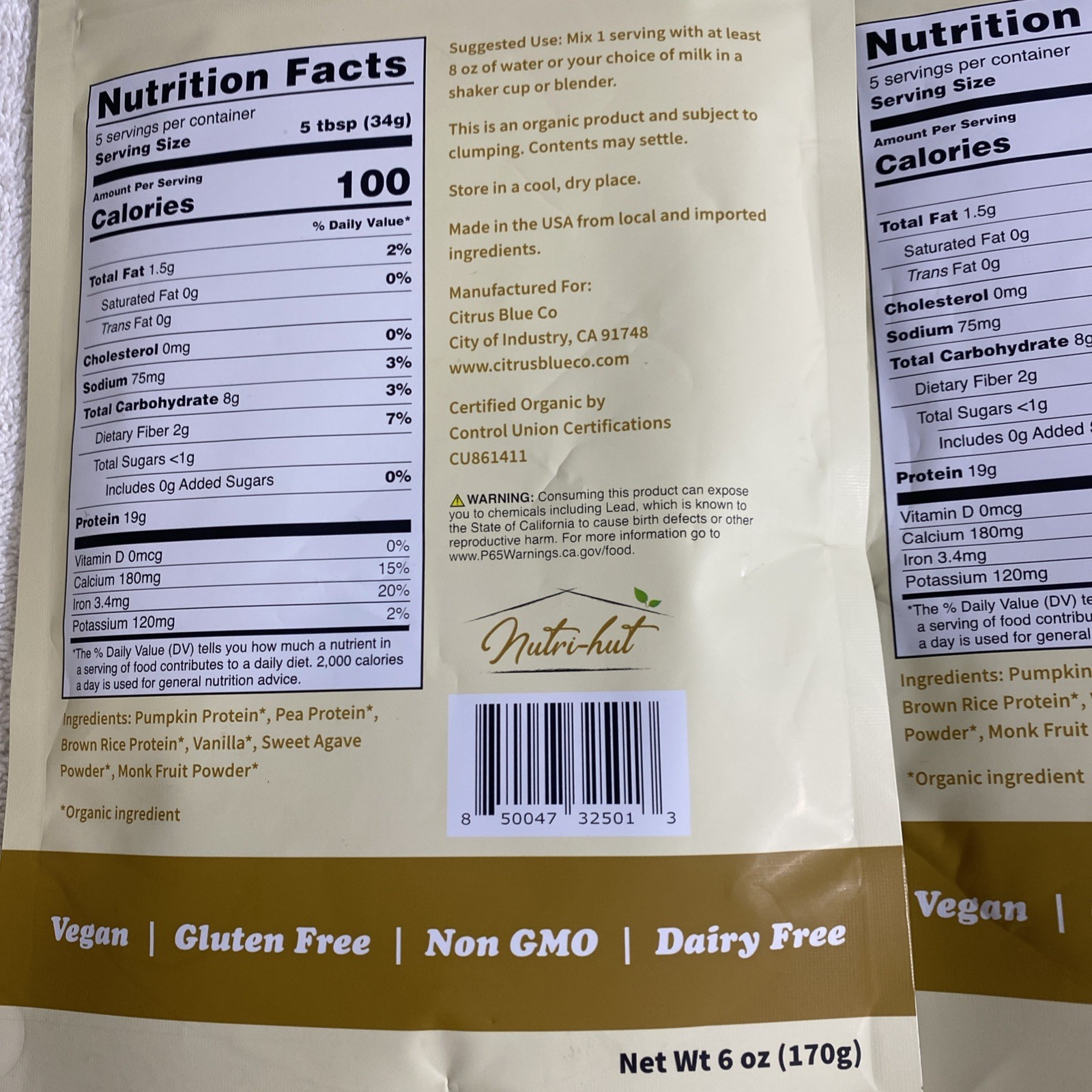 Lot Of 3, Nutri Hut, Plant Based Protein Powder, 6 oz Each Vanilla, (T746)