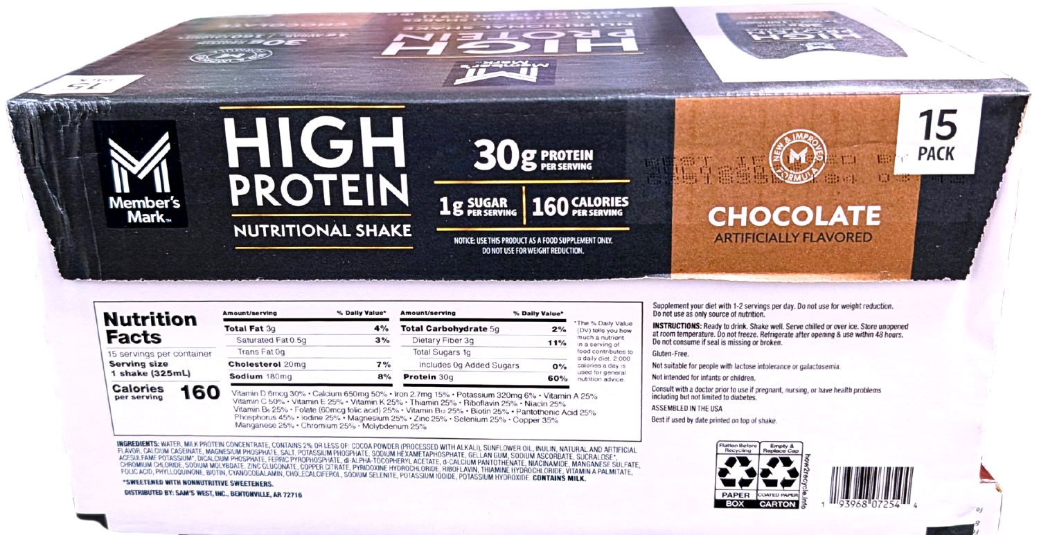 Member’s Mark 30g High Protein Nutritional Shake Chocolate 15×11 Fl Oz EXP 07/26