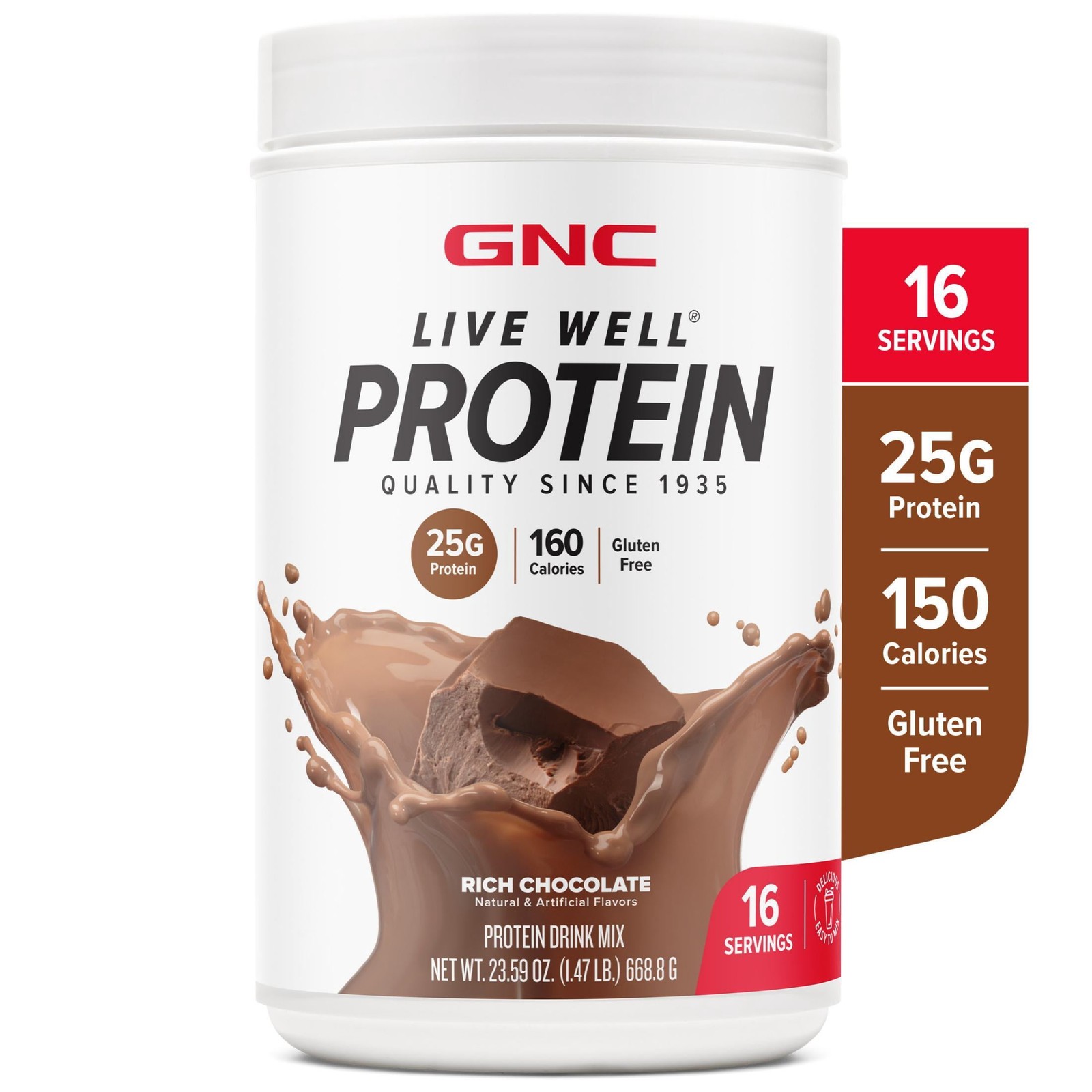GNC Live Well Protein Powder, 25g Whey Protein, Rich Chocolate, Gluten Free, No