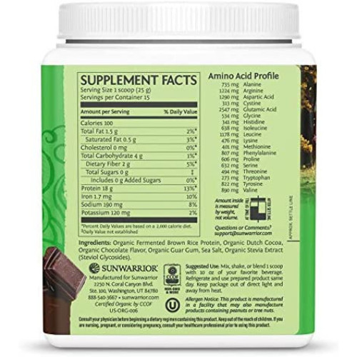 SUNWARRIOR Organic Classic Chocolate Protein, Plant-Based Protein Powder, 375g