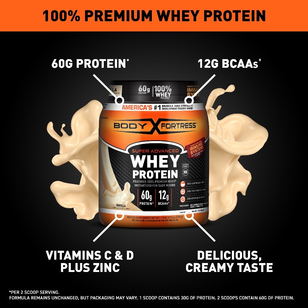 Body Fortress Super Advanced 100% Premium Whey Protein Powder, 60g Protein