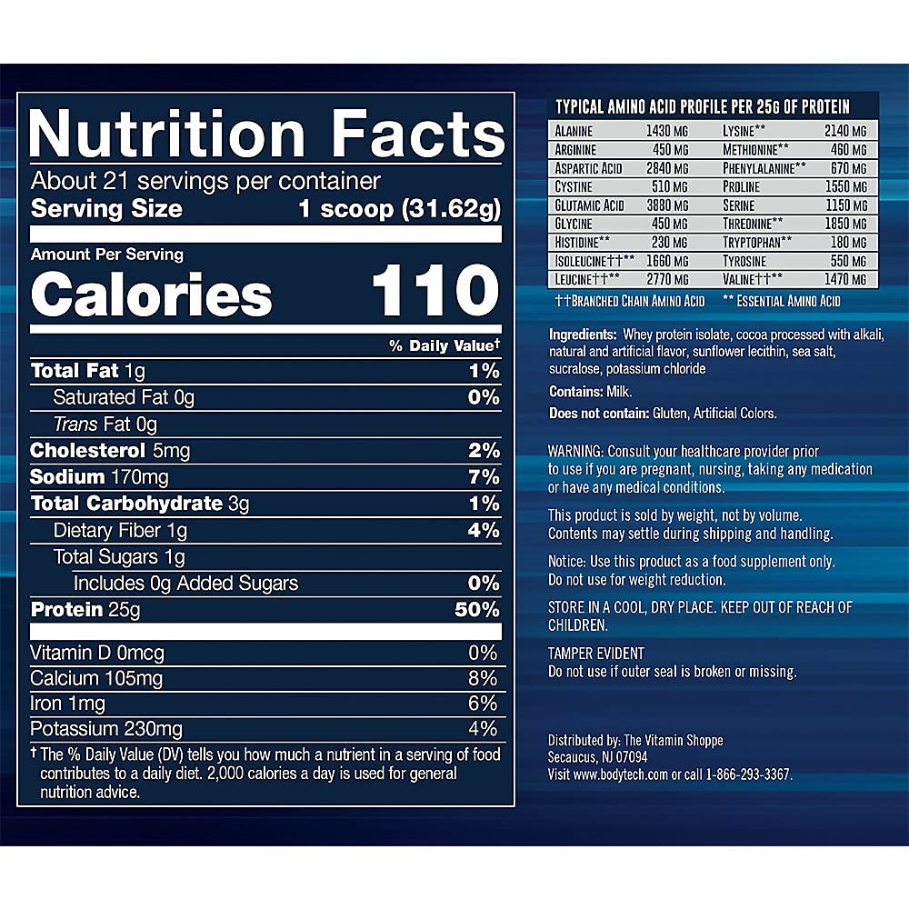 BodyTech Whey Protein Isolate Powder, Rich Chocolate, 24 Oz, 21 Servings