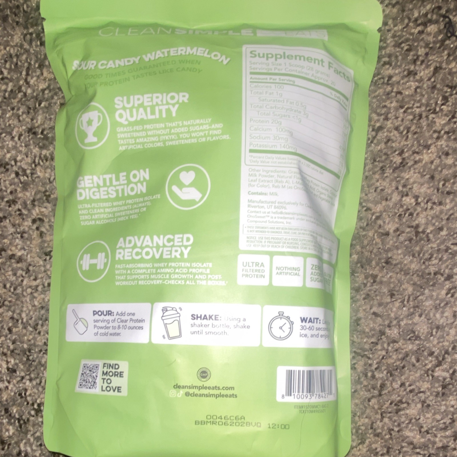 Clean Simple Eats Clear Whey Protein Isolate Sour Candy Watermelon 20oz