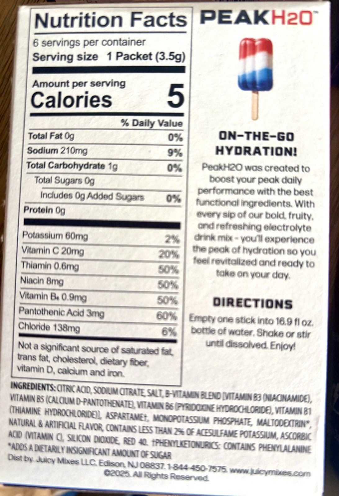 Lot Of 6 Peak H2O Hydration Ice Pop Electrolyte DrinkMix 36 Sticks 0 Sugar BB 27