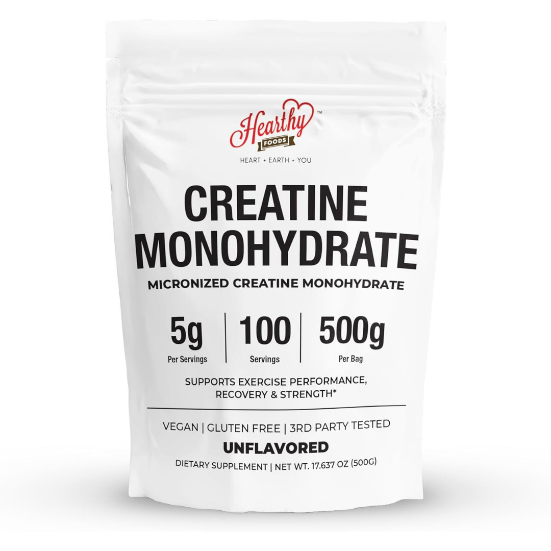 HEARTHY FOODS Creatine Monohydrate Micronized Powder 500G – 100 Servings, 5000mg