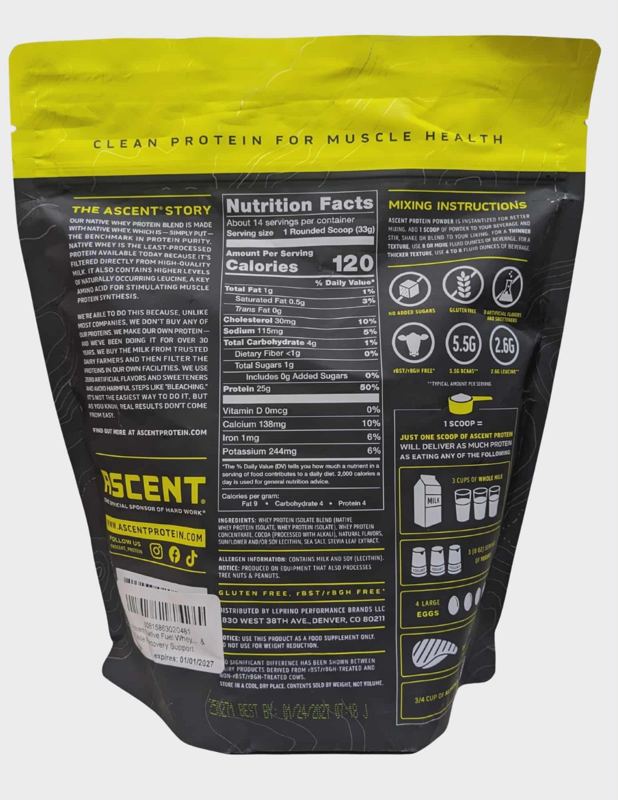 Ascent Native Fuel 100% Whey Protein Chocolate (4) 1lb 25g Gluten Free Exp 1/27