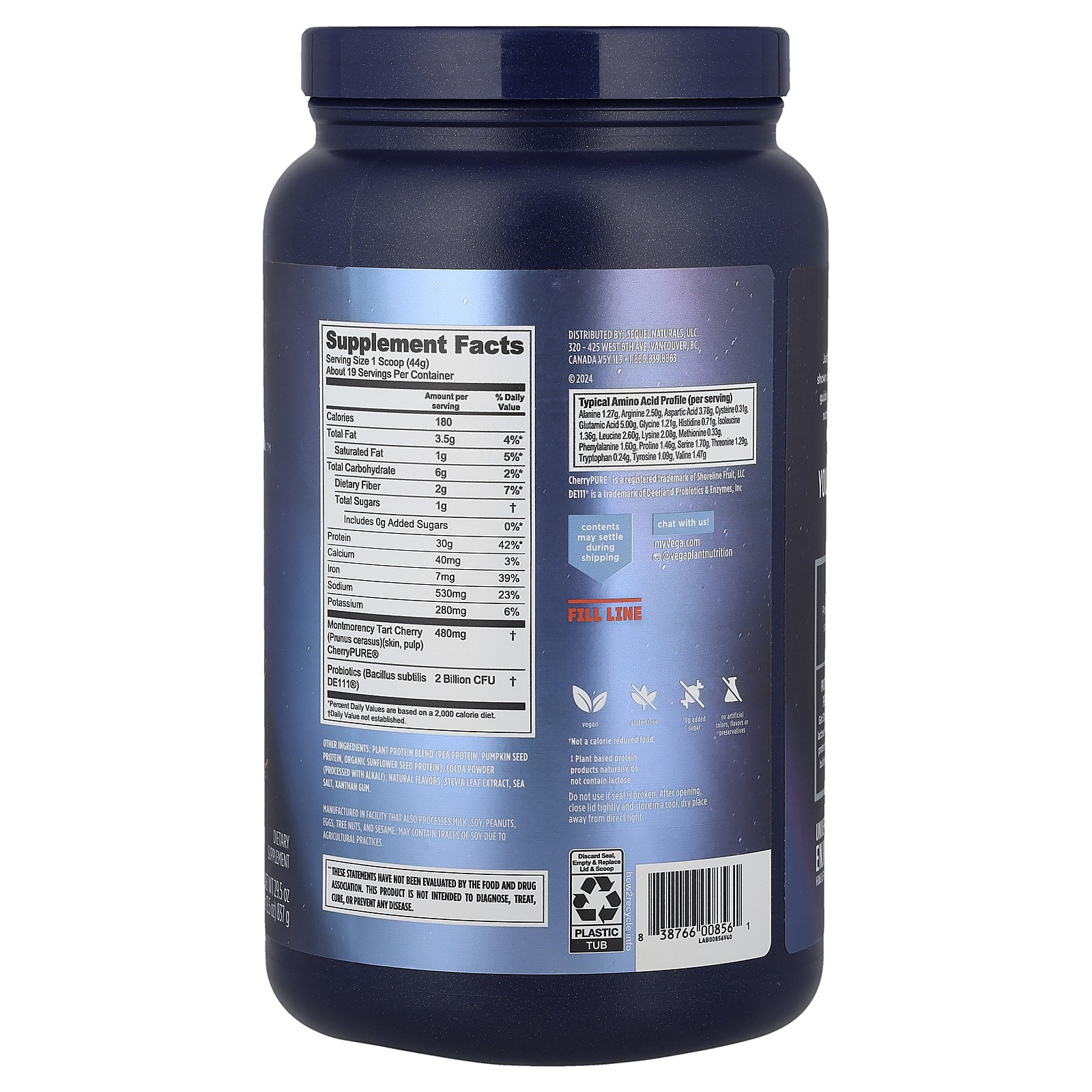 Vega Sport Performance Protein Chocolate 29 5 oz 837 g Dairy-Free, Gluten-Free,