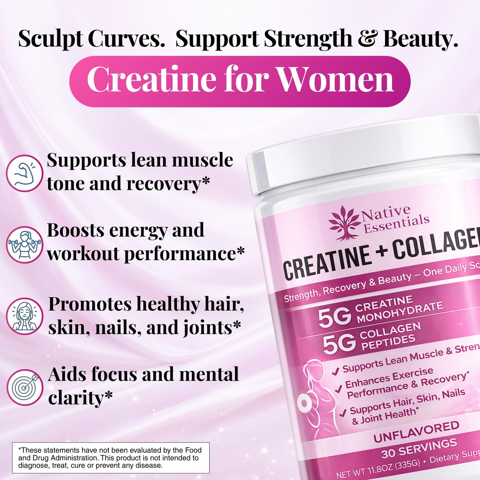 Native Essentials Creatine for Women + Collagen 13.8 Ounce (Pack of 1)