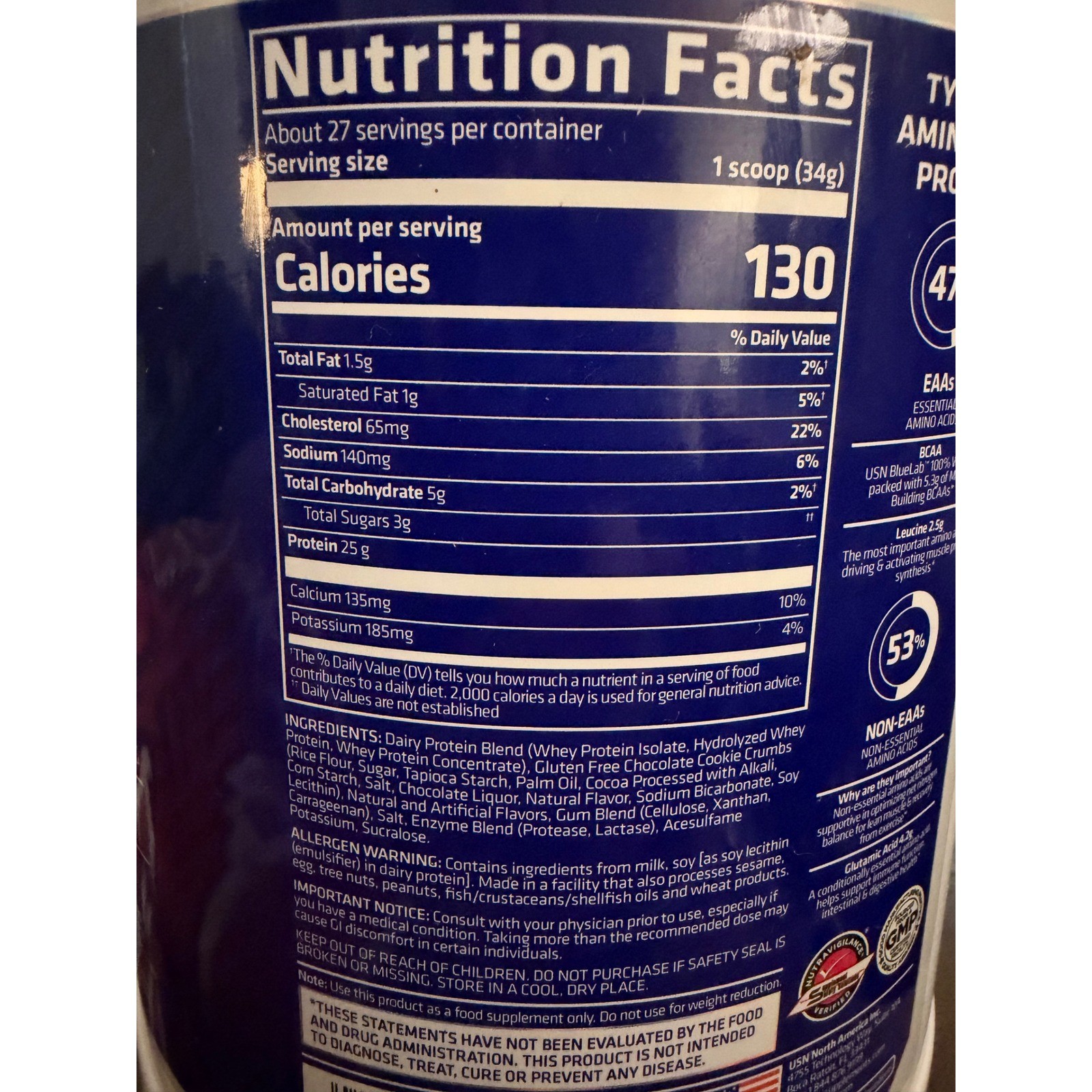 USN BlueLab 100% Whey Protein Powder Cookies and Cream 2lb 25g Protein 5.3g BCAA