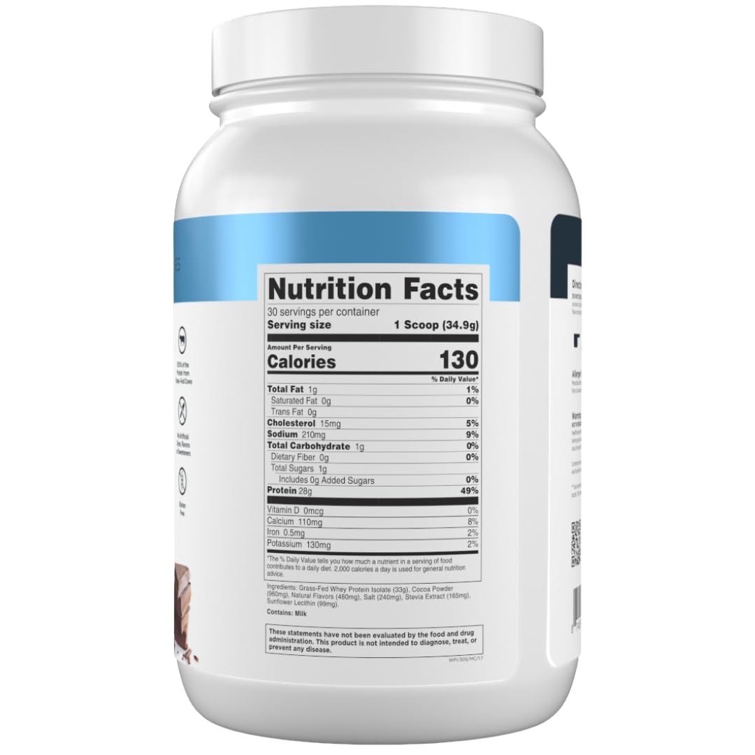 Transparent Labs Grass~Fed Whey Protein Isolate, Milk Chocolate, 30 Servings
