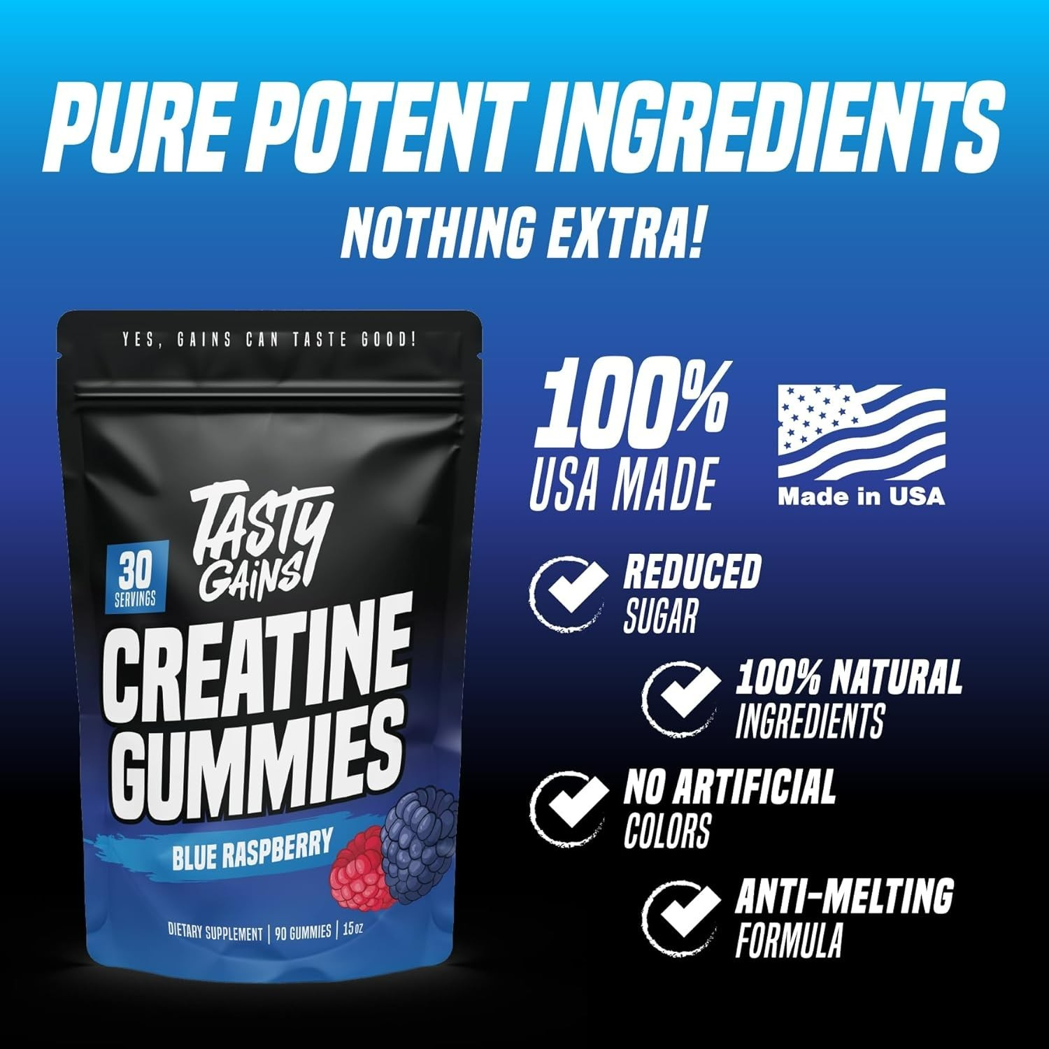 TASTY GAINS Creatine 90 Gummies – 90g of Creatine Monohydrate Blue Raspberry