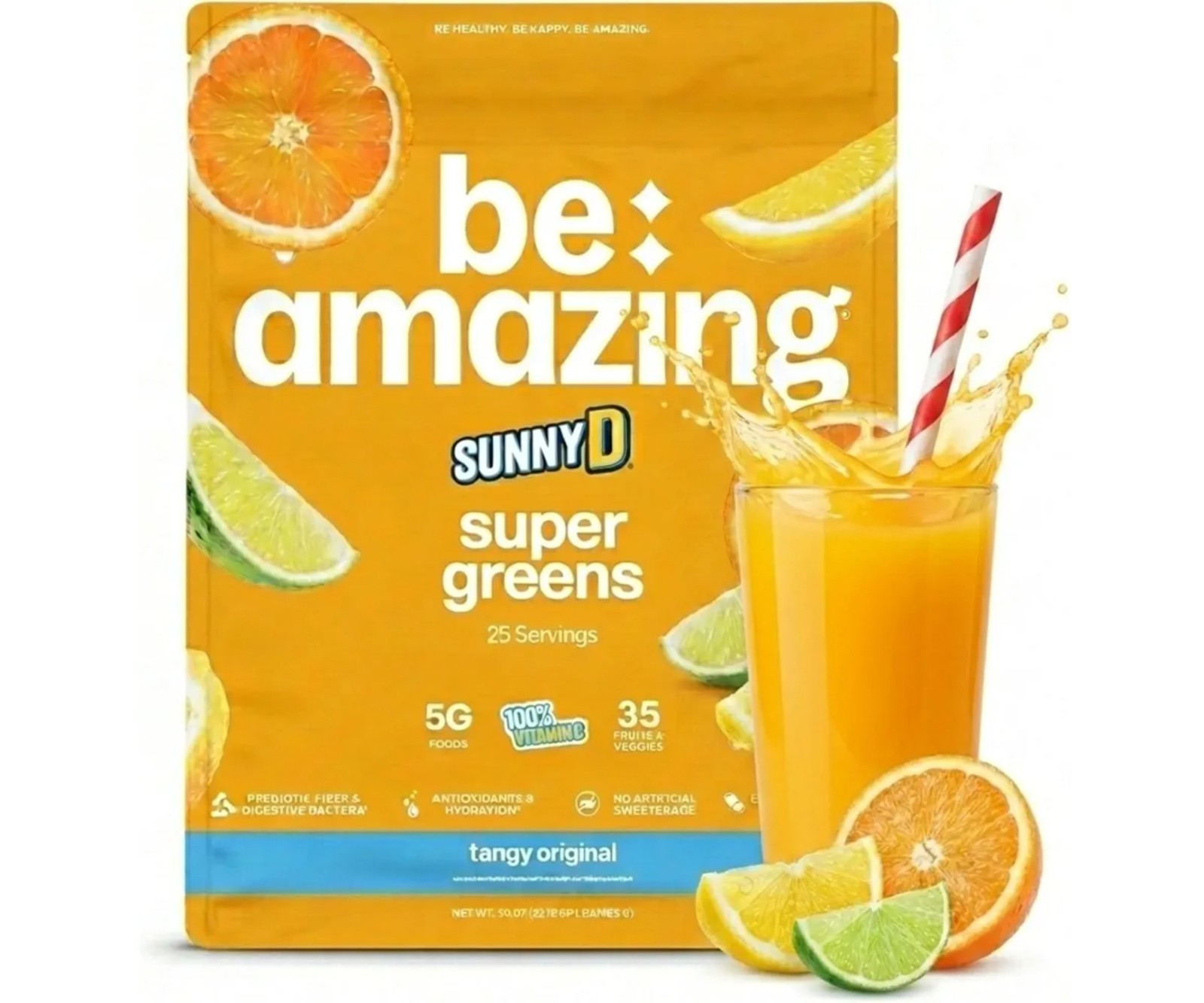 BE Amazing SUPER GREENS 1 Lb Size (25 Serv) Natural Sunny D Flavor BEST BY 10/26