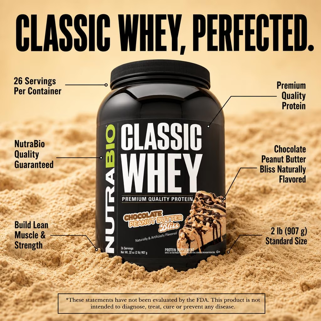 NutraBio Classic Whey Protein Powder Chocolate Peanut Butter 2 Pounds