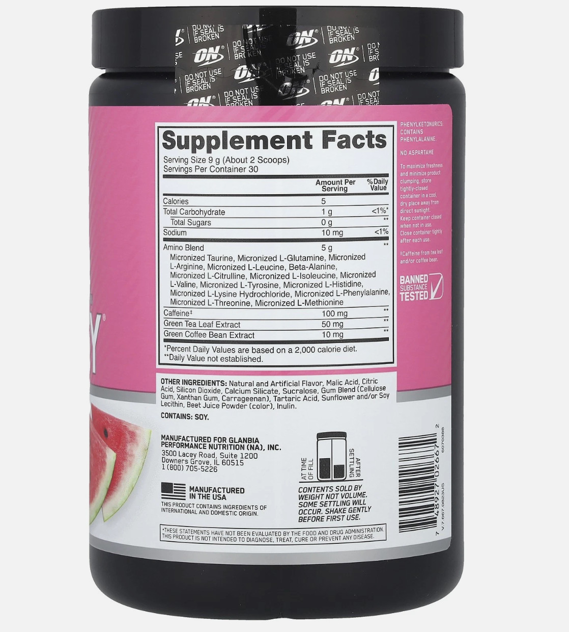 O N Essential AMIN.O. Energy + Electrolyte Watermelon 10.05oz exp 03/27