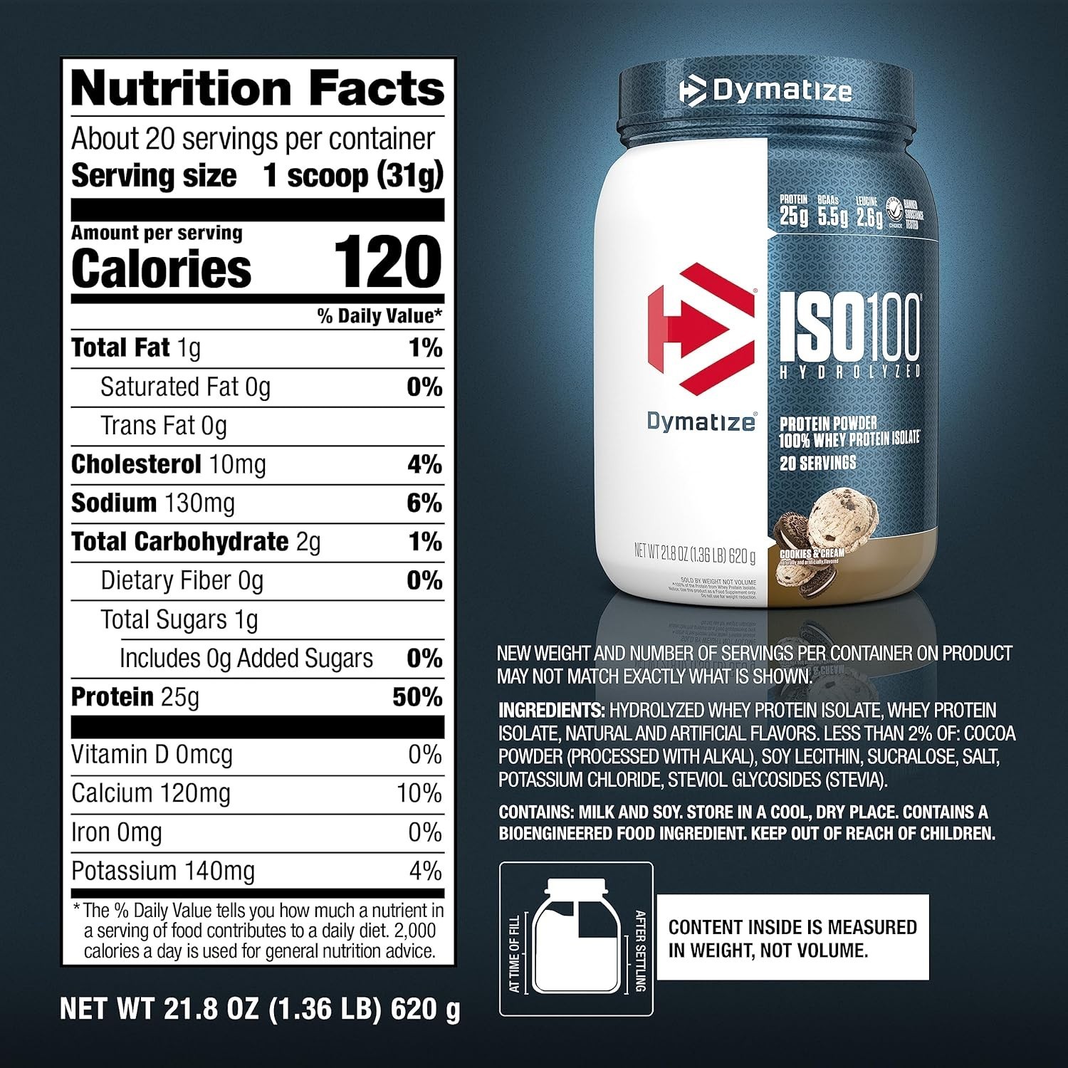 Dymatize ISO100 Whey Protein Isolate Cookies & Cream 20 Servings 25g