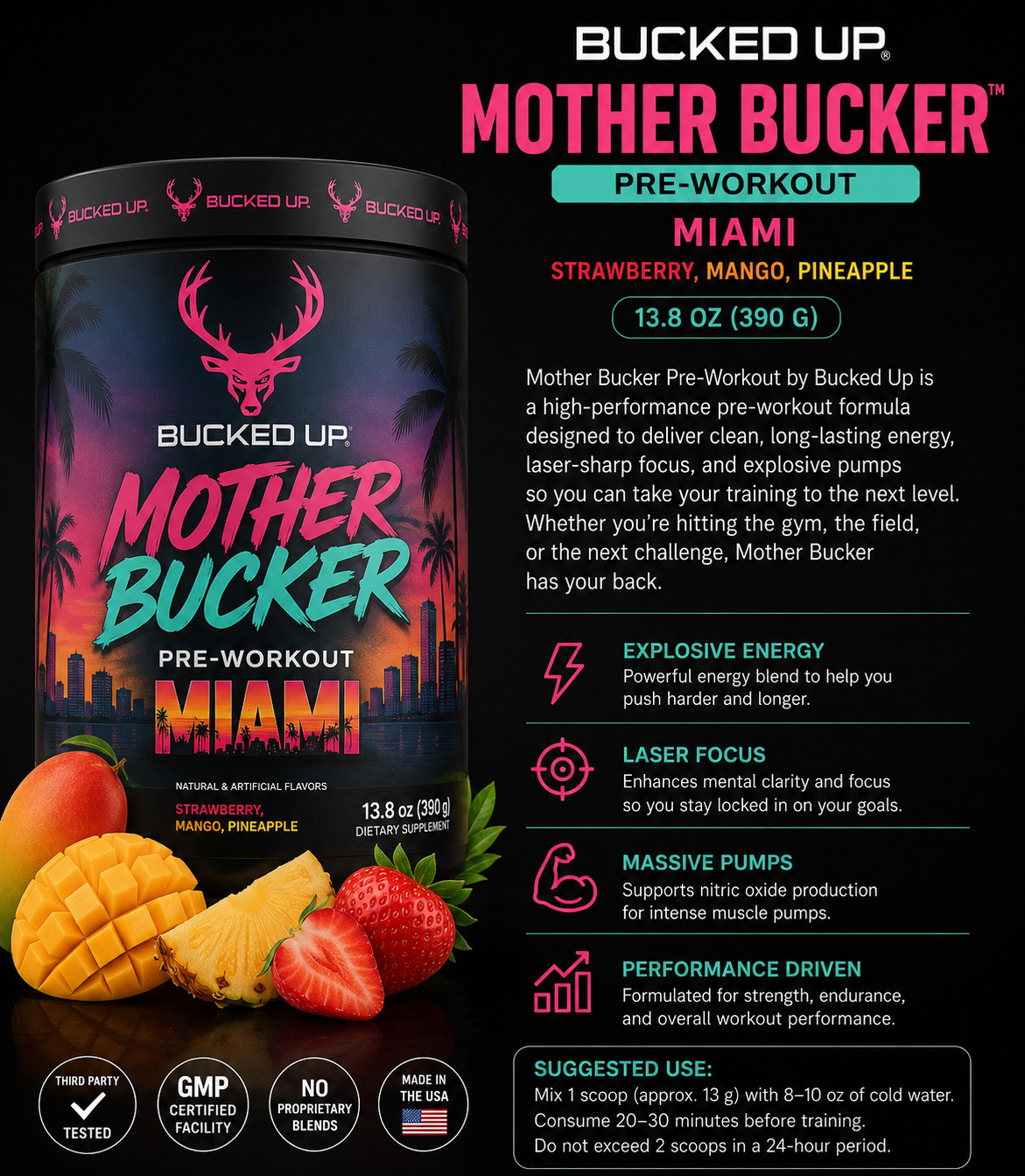 Bucked Up Mother Bucker Pre-Workout Miami – Strawberry, Mango, Pineapple 13.8 oz