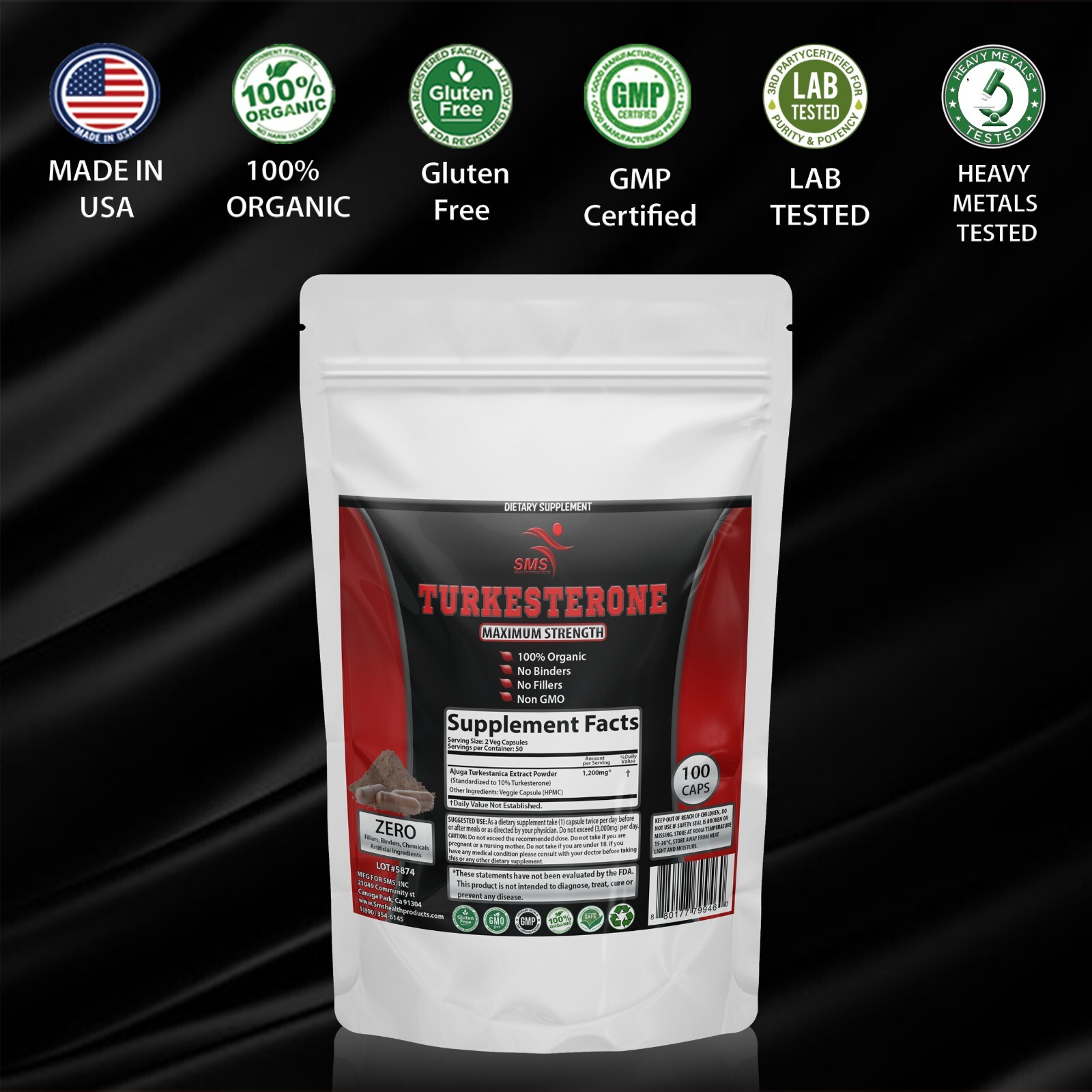 TURKESTERONE 1200mg AKA Ajuga Turkestanica Standardized to 10% 100 Caps By SMS