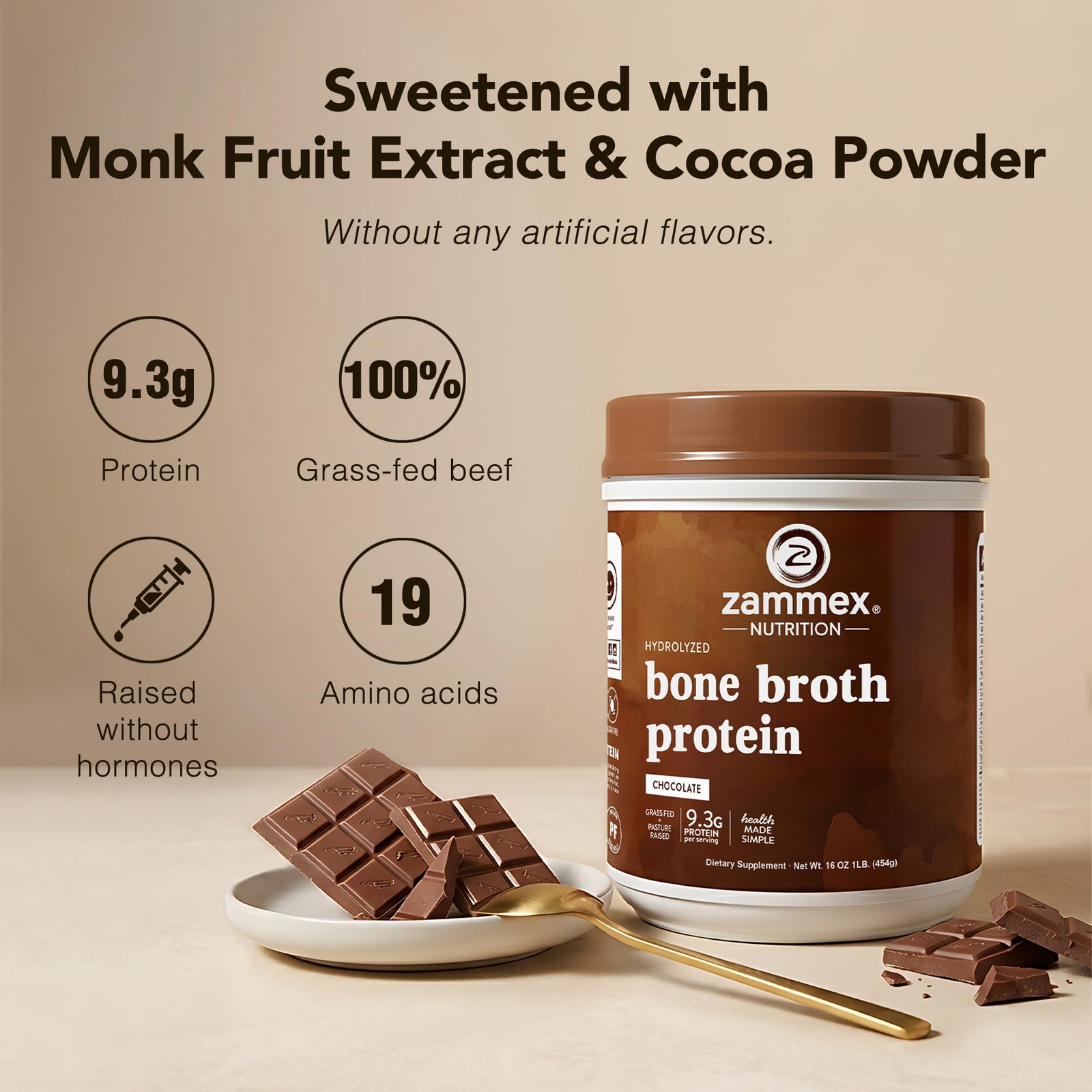 Zammex Bone Broth Protein Powder, Pure Grass Fed Beef, 1 Pound (Pack of 1)