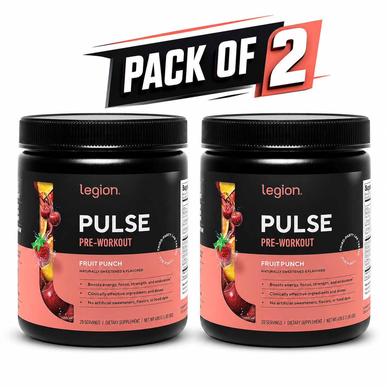 Legion Pre-Workout Drink – Fruit Punch 490 g/1.08 lbs Each (Pack of 2)