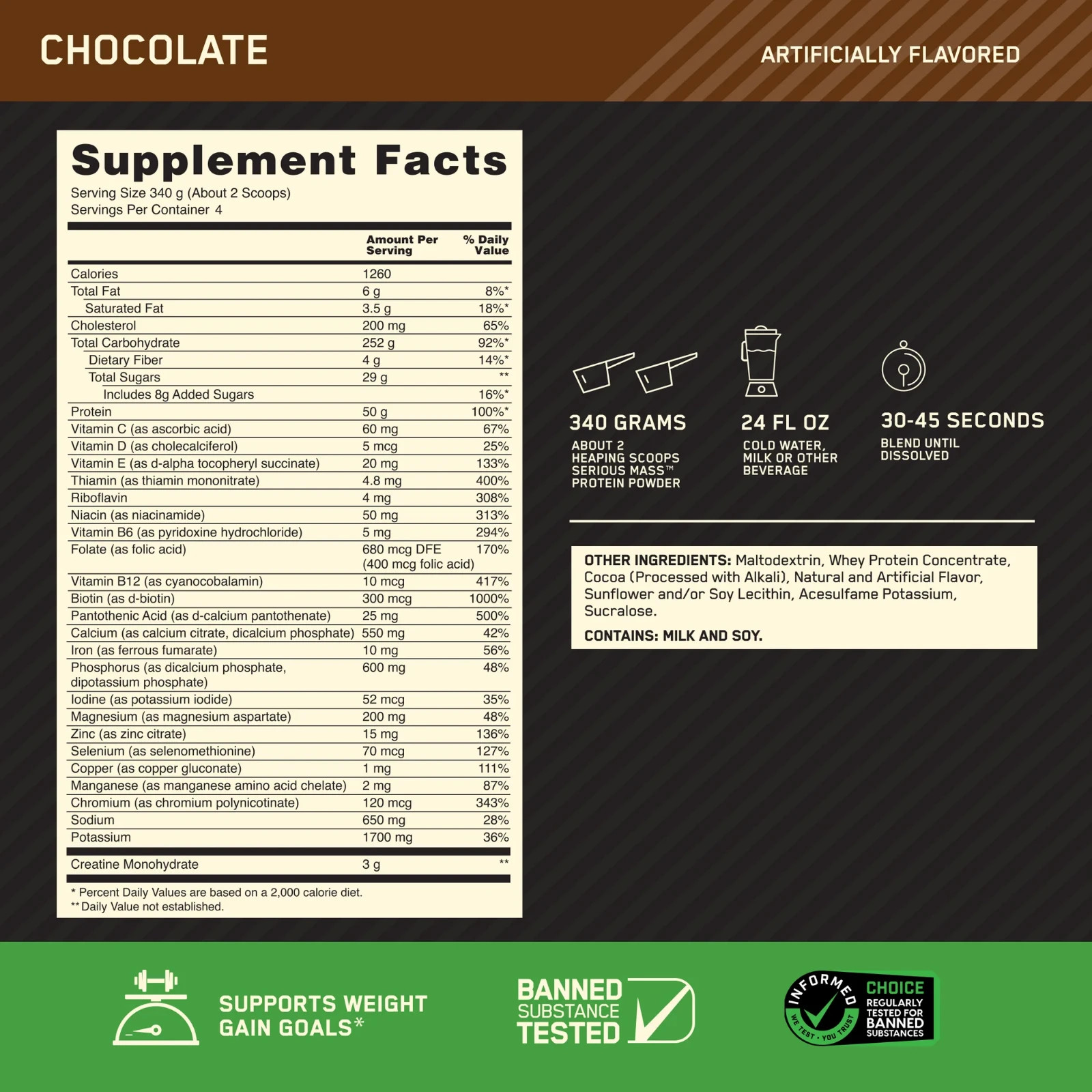Optimum Nutrition Serious Mass, Chocolate, Weight Gainer Protein Powder, 3 lb